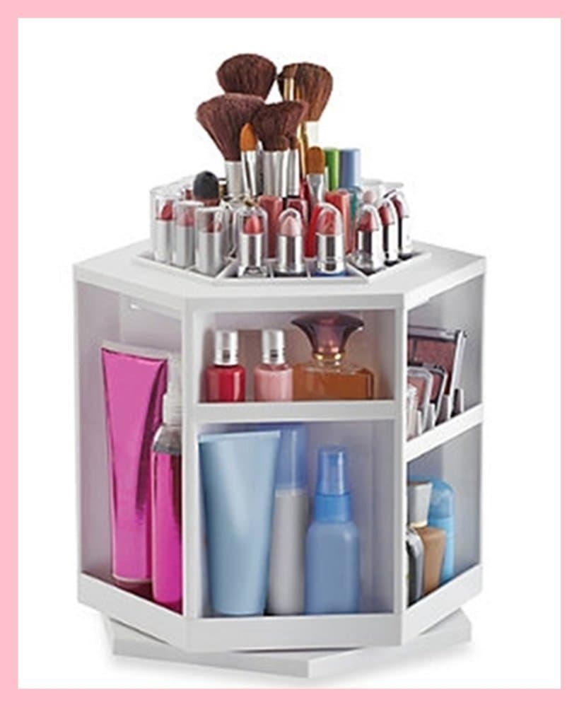 Tabletop Spinning QVC Makeup Organizer Plastic Acrylic White Cosmetic Organizer Holds 100 Pieces 360 Degree Rotation PLUS Bonus Free Gift