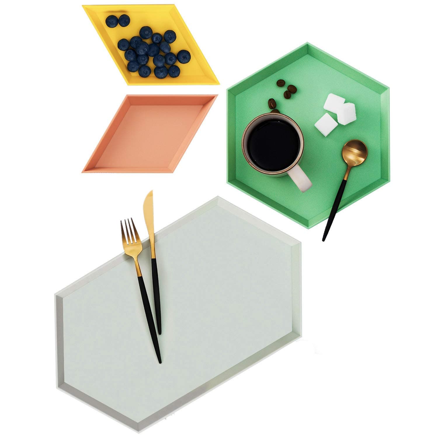 Le Sense Amazing Home Elegant Modern Serving Stackable Geometric Jewelry Tray Desk Organizer Decorative Display Storage Rhombus Platters for Rings Necklace Earrings Set of 4