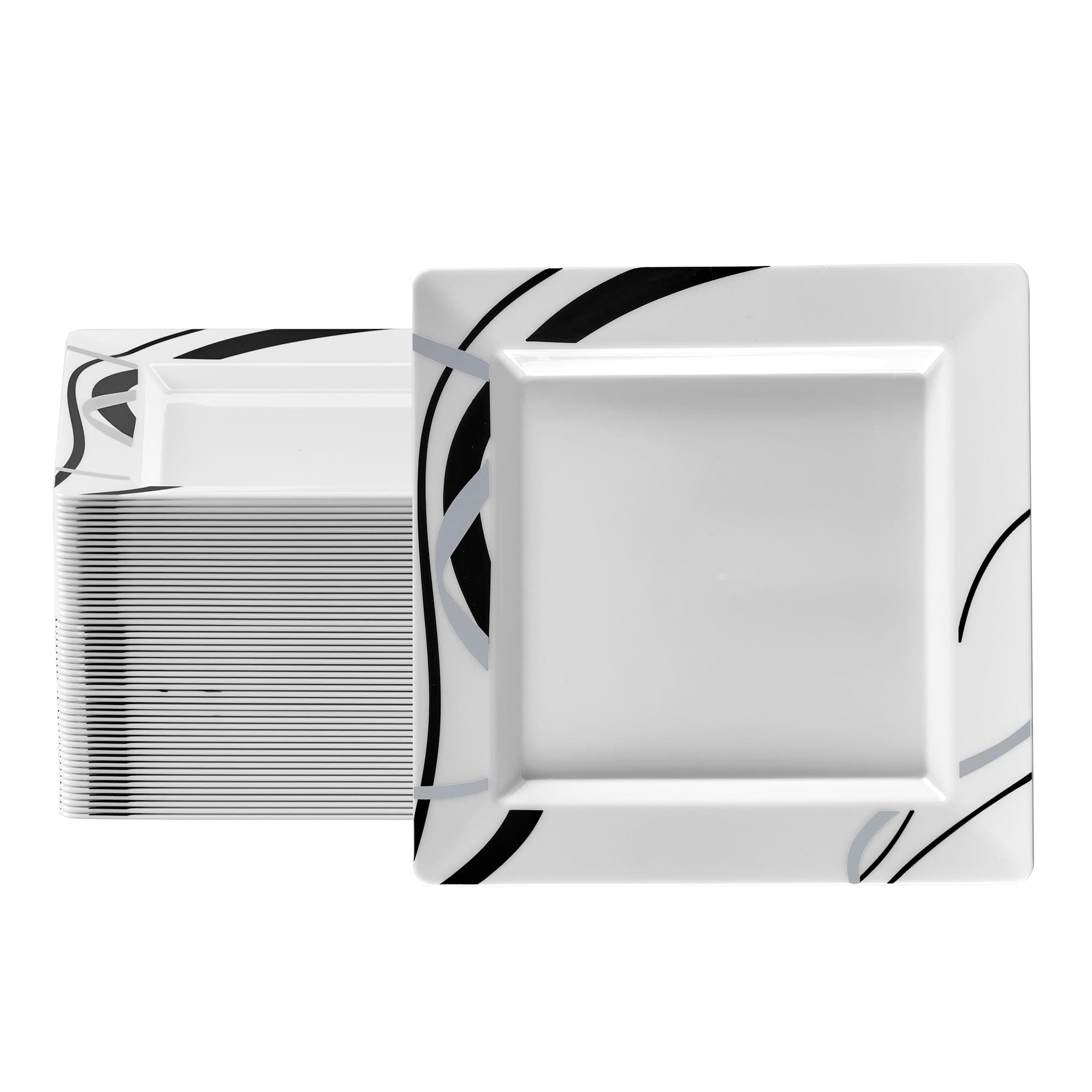 Oasis Creations White Square Plates with Geometric Black and Silver Lines 10" - 50 count - Premium Hard White Plastic -Disposable and Reusable-Salad Appetizer Dinner -Party Plate Set
