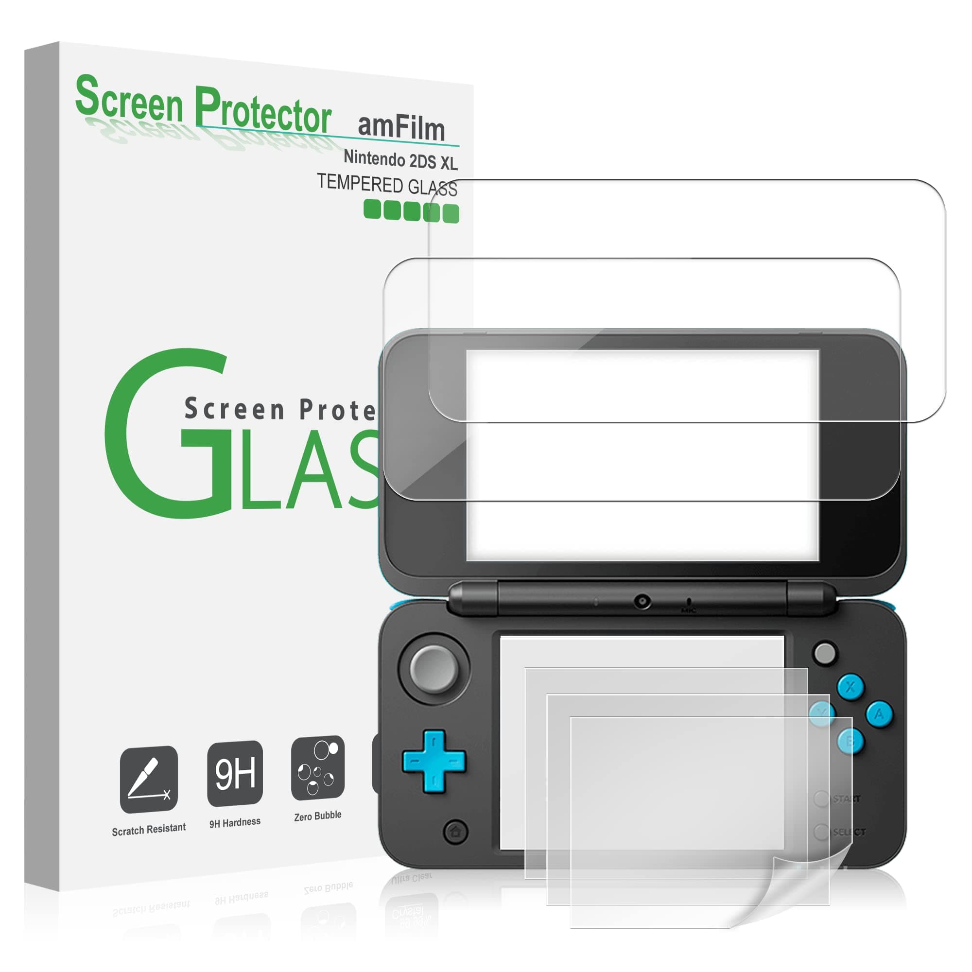amFilm Designed for Nintendo 2DS XL Screen Protector Pack, [2 GLASS Top, 4 PET Bottom] High Quality Screen Protectors for New Nintendo 2DS XL 2017 (6 Protectors in Package)