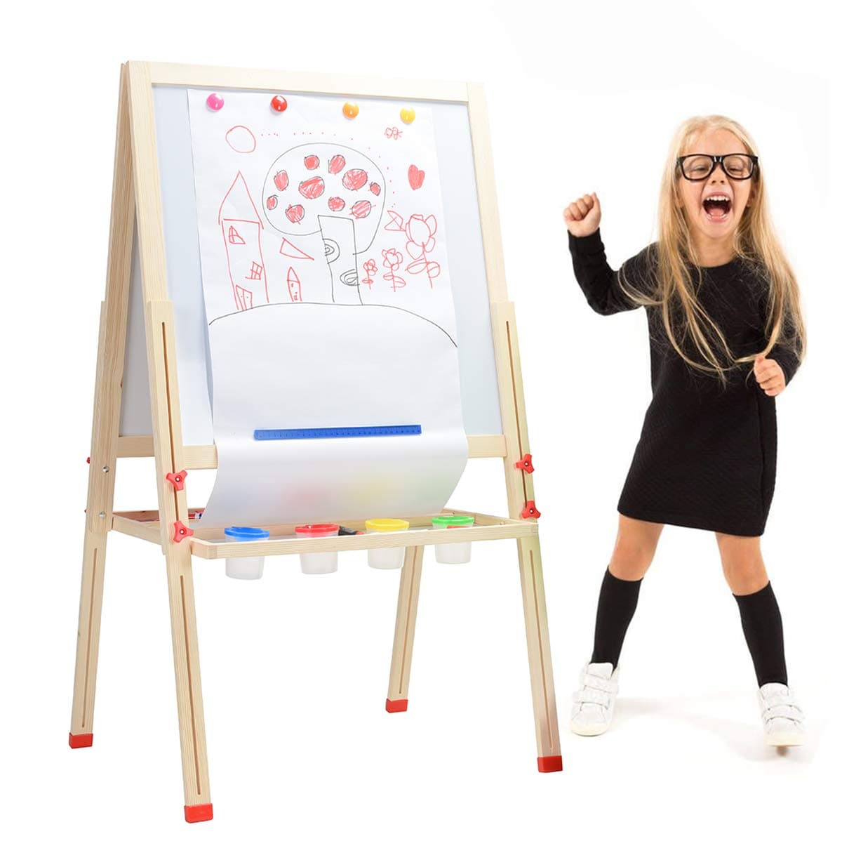 Standing Art Easel,Double Sided Magnetic Board with Paper Roll,Height Adjustable All-in-One Wooden Kid's Art Easel(L=54")