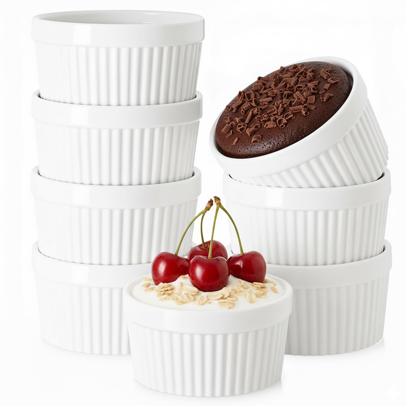 WERTIOO 6 Oz Ramekin Bowls,8 PCS Bakeware Set for Baking and Cooking, Oven Safe Sleek Porcelain White Ramikins for Pudding, Creme Brulee, Custard Cups and Souffle Small Instant Table Tray