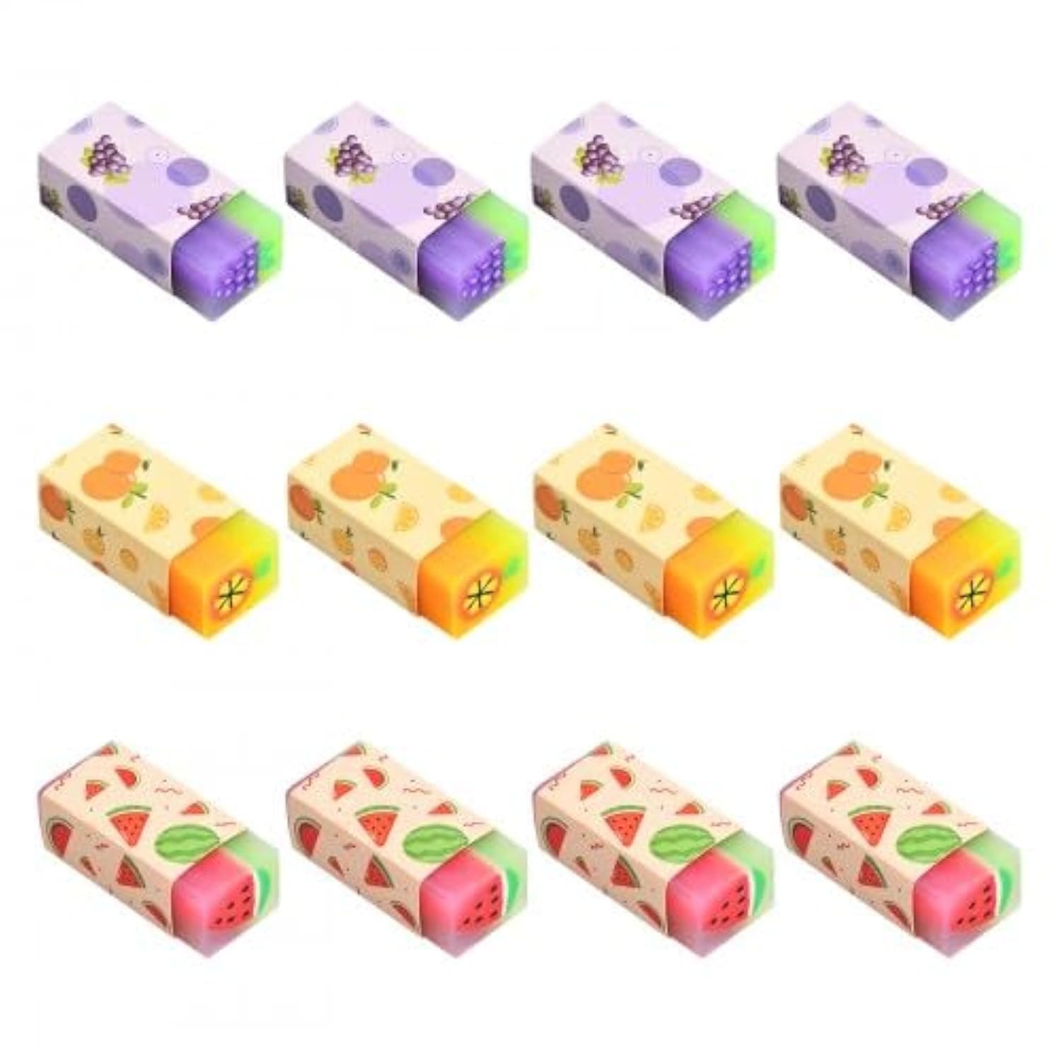 12 Pcs Fruit Erasers, Pastel Rubbers Erasers， Cute Fruit Erasers for Kids, Watermelon Grape Orange Cartoon Erasers, Novelty Erasers, for School Supplies, Prize Gifts, Party Favors