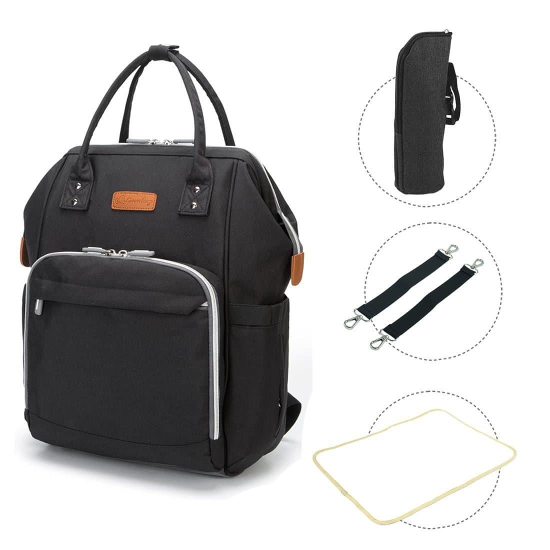 Baby Changing Backpack - Wide Open Baby Changing Bag Rucksack Set for Mums and Dads Pram Bag with Stroller Straps Changing Mat Insulated Bottle Holder, Black, Double Elite (D.E.)