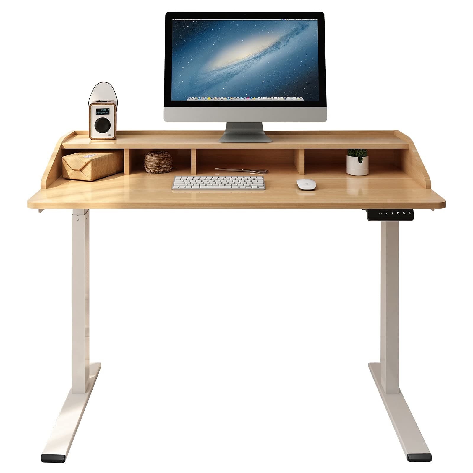 FLEXISPOT UD5 Comhar Electric Standing Desk with Hutch 2-Tier 4 Hutches Desk with Memory Controller 48x24 Inches Sit Stand Desk White Frame Maple Desktop