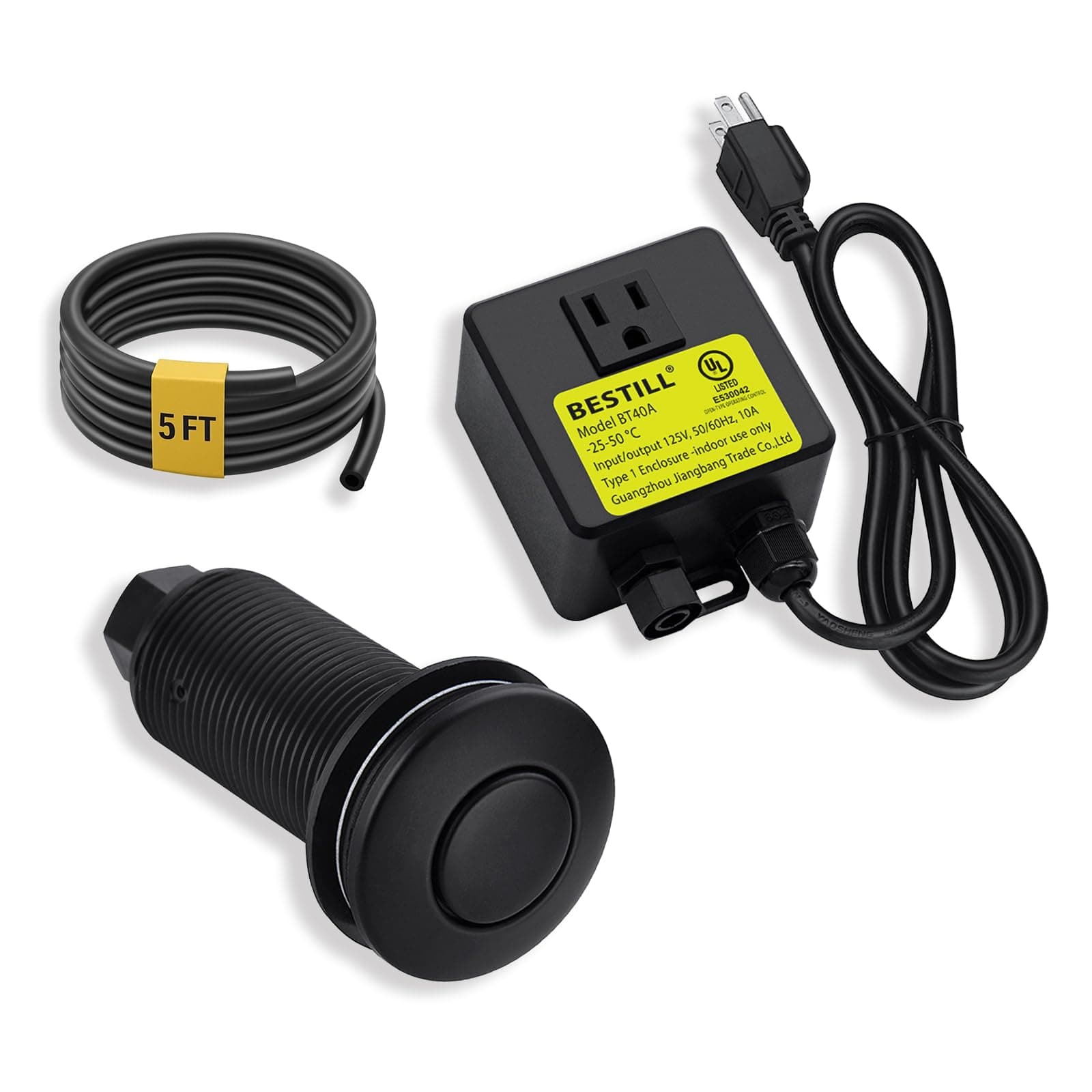 BESTILL Sink Top Garbage Disposal Air Switch Kit, Matte Black 3.6" Long Push Button with Brass Cover, UL Listed