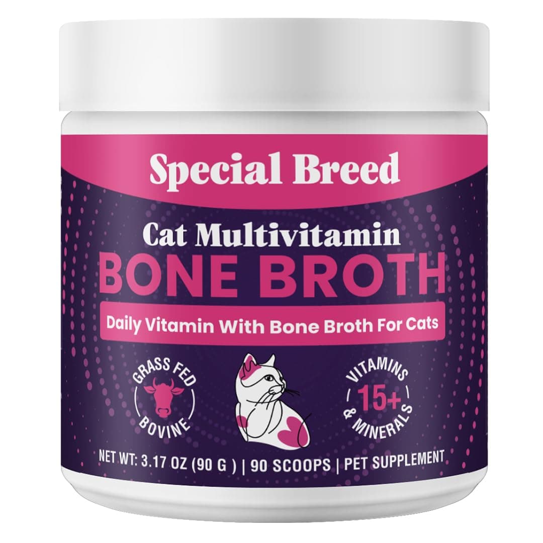 Cat Multivitamin with Grass-Fed Beef Bone Broth – Daily Supplement for Immune, Joint, Skin, Coat & Gut Health – Omega 3s, Lysine, Beta Glucan, Vitamins A-E, C, D – 90 Day Supply – No Fillers