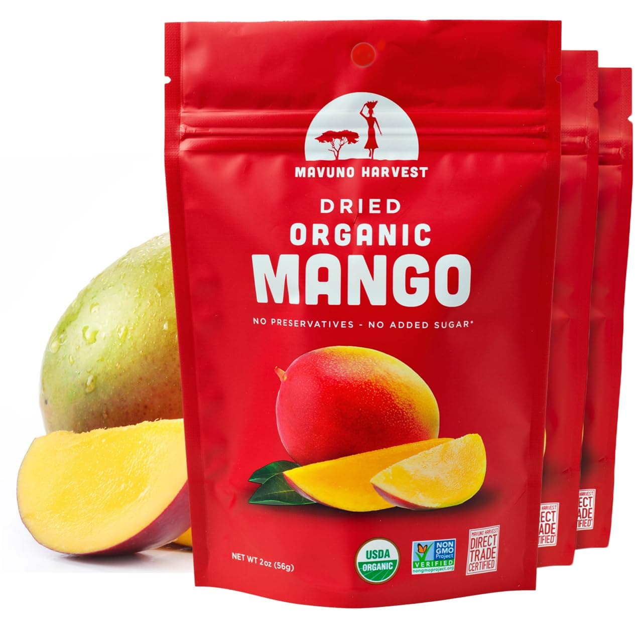 Mavuno Harvest Mango Dried Fruit Snacks | Unsweetened Organic Dried Mango Slices | Gluten Free Healthy Snacks for Kids and Adults | Vegan, Non GMO, Direct Trade | 2 Ounce, Pack of 3