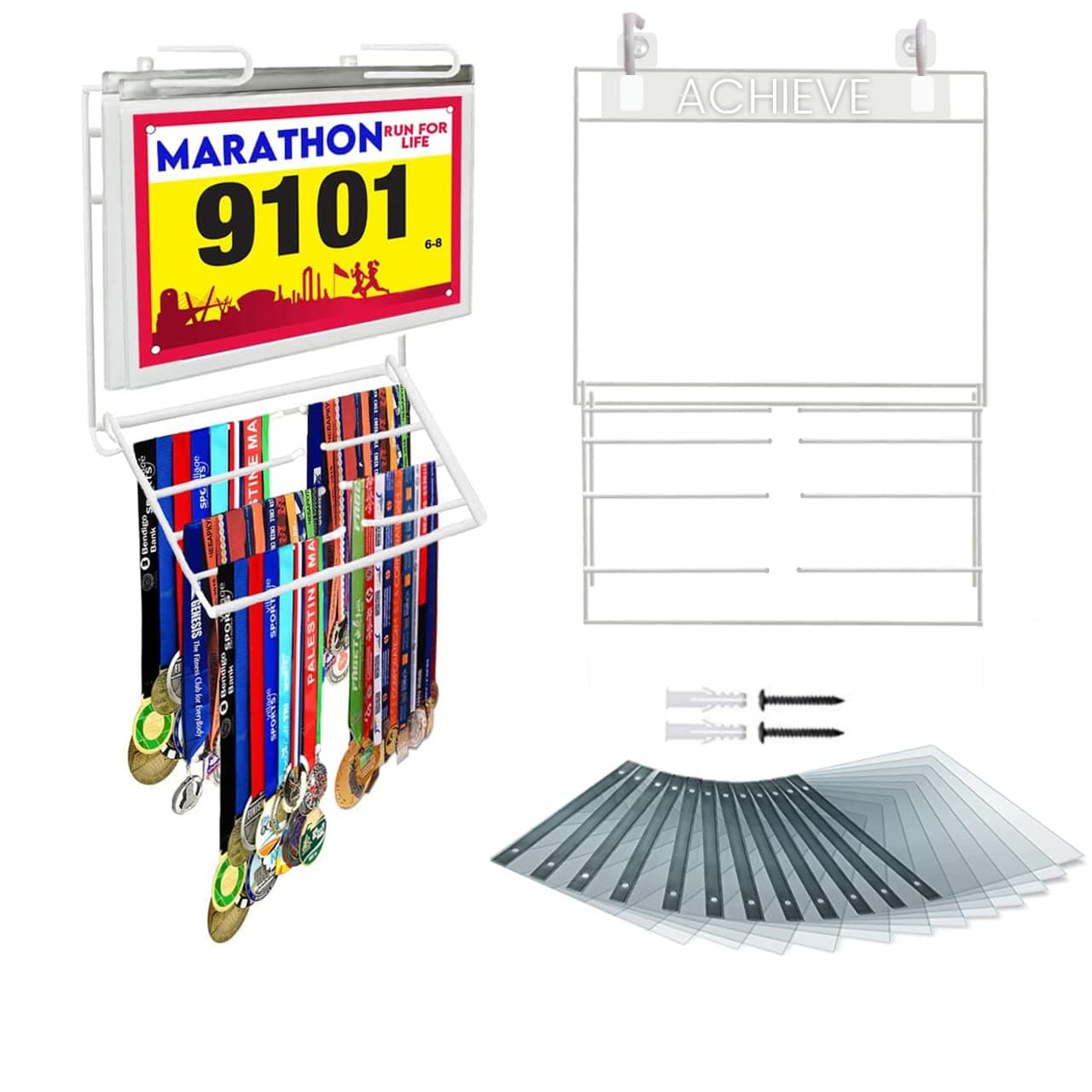 Performore Wall-Mounted Medal Display Rack with 12 Race Bib Holders – Metal Medal Hanger and Organizer for Running, Marathons, Sports Events, and Athletic Competitions