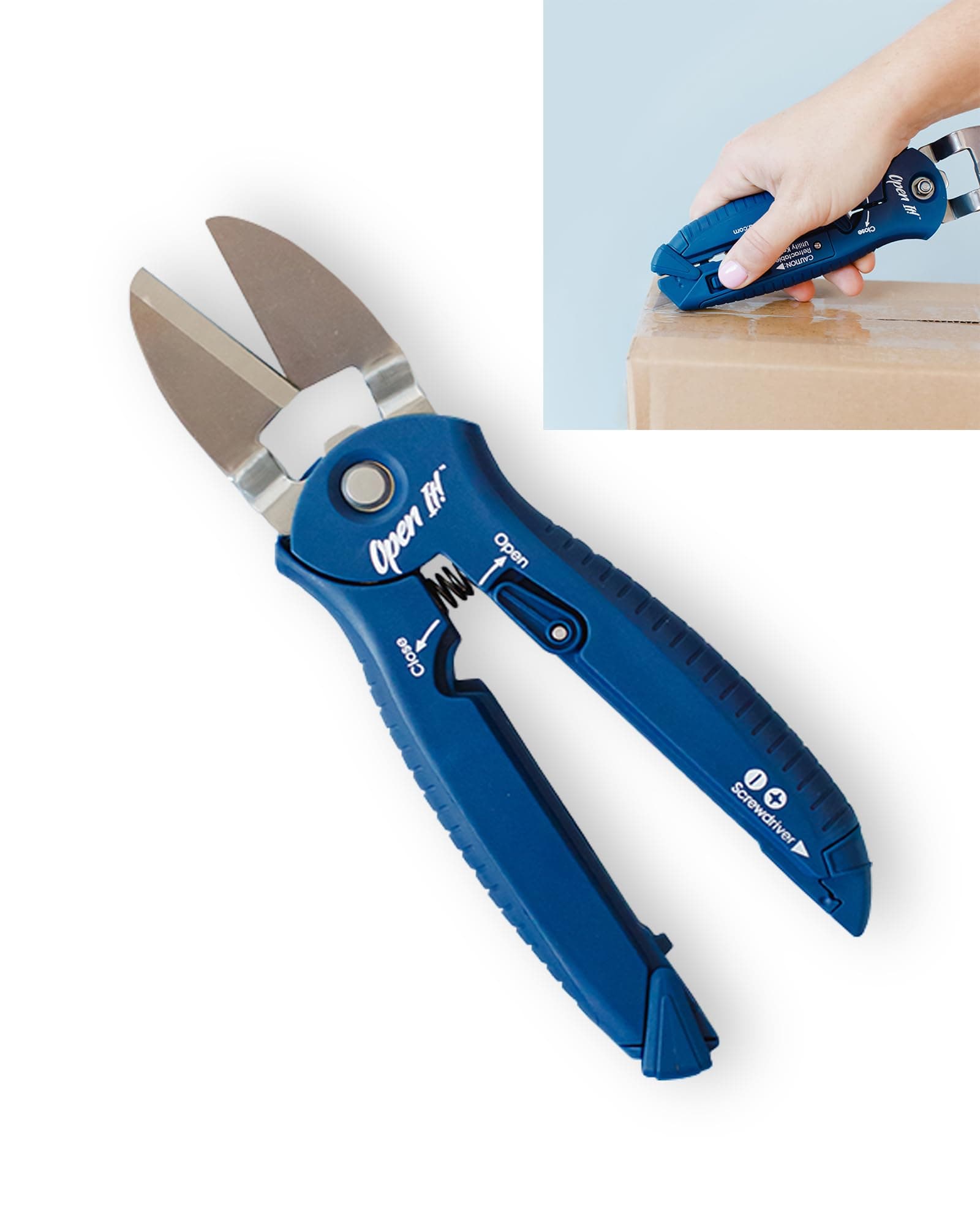 Zibra Open It! 4-in-1 Box Cutter & Package Opener Tool – Heavy Duty Scissors, Retractable Blade & Screwdriver – All-in-One Household Tool for Boxes & Plastic Packaging, Blue