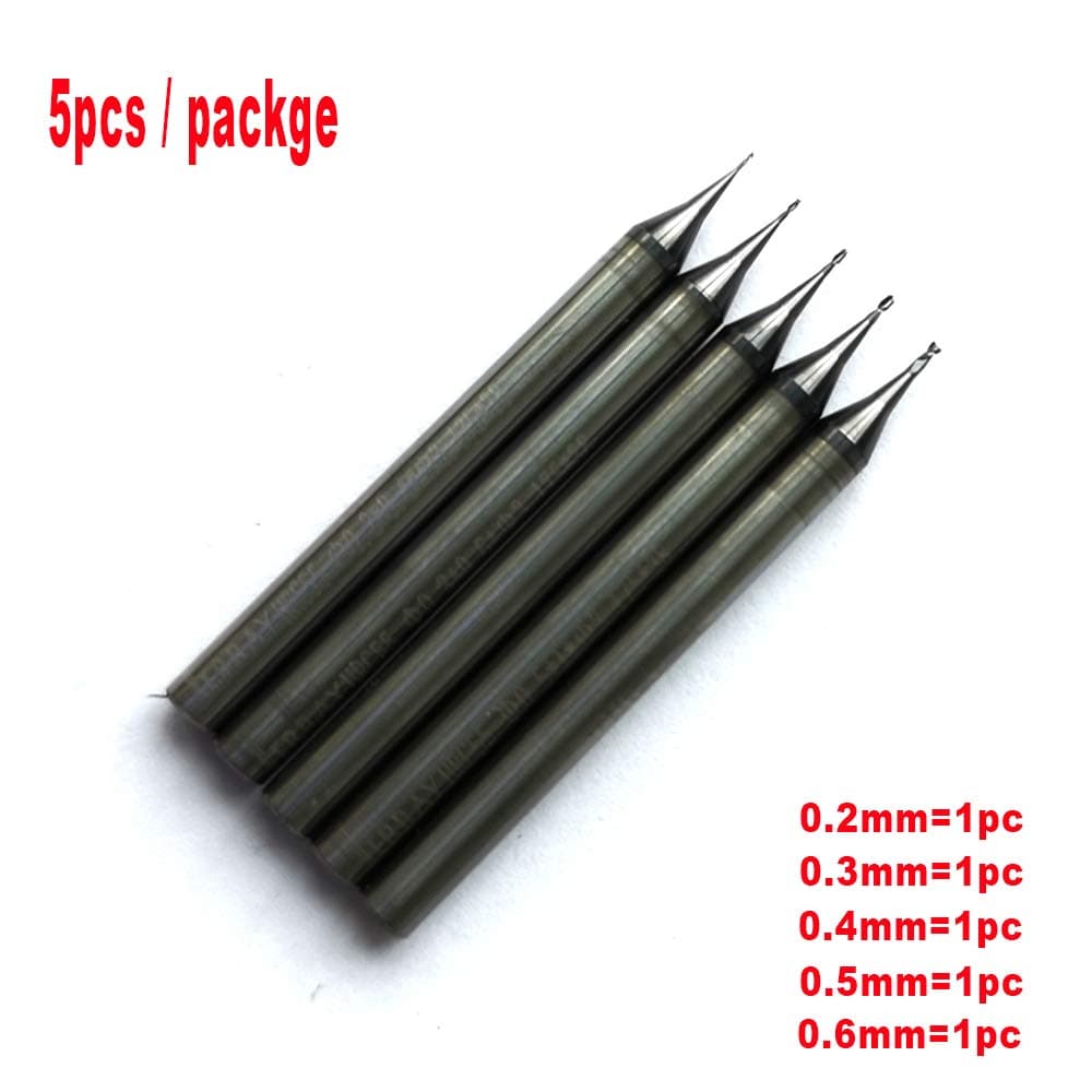 5pcs/packge 0.2-0.6mm with 3.175mm shank Diameter HRC55 2 Flutes Micro Grain Tungsten Carbide Flat End Mill CNC Milling Cutters Router Bits