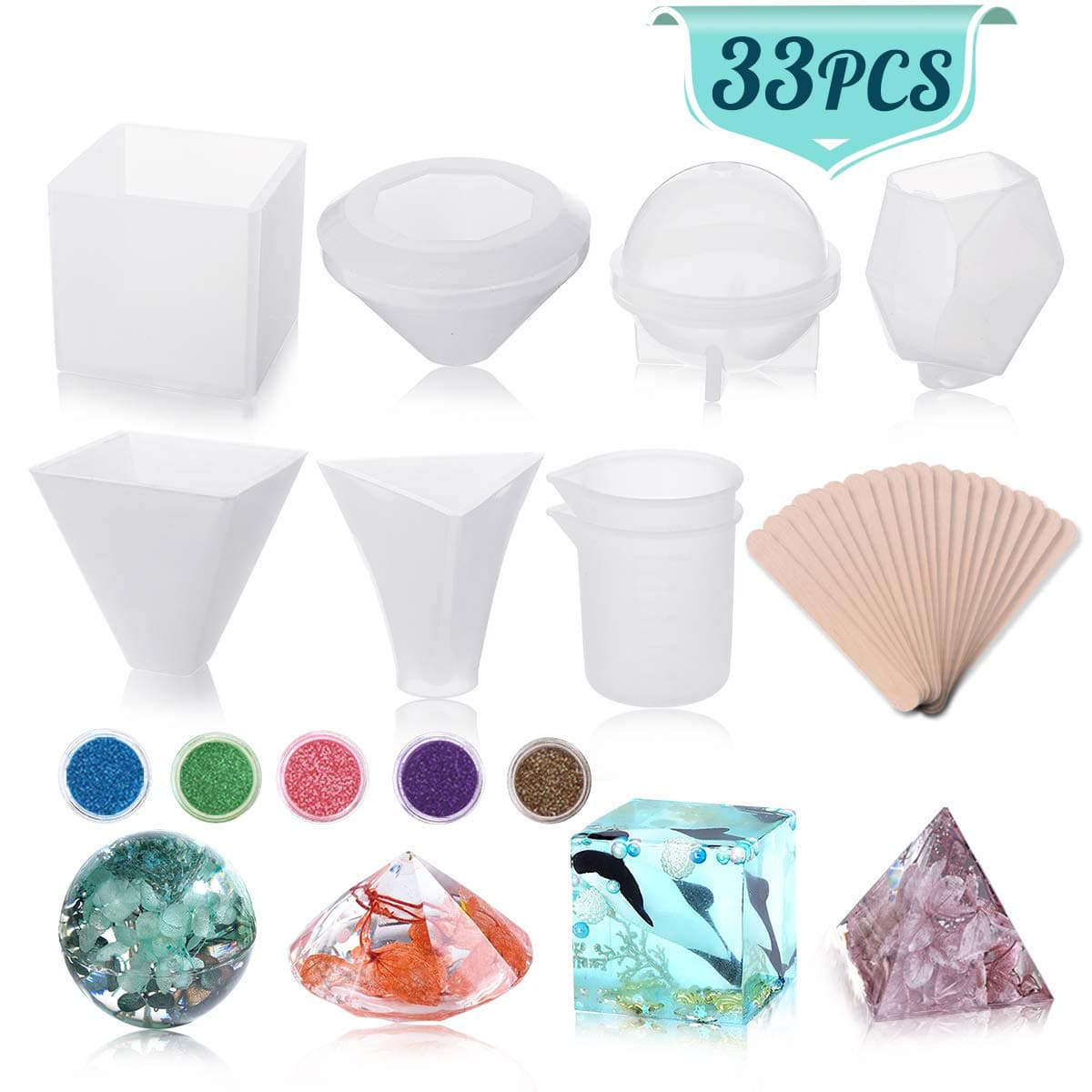 33 Pack Resin Molds Resin Silicone Casting Molds, Jeteven Epoxy Resin Mold Including Cube, Pyramid,Sphere,Diamond, Stone Resin Mold with 2 Pack Measuring Cups & Wood Sticks, Flash Powder