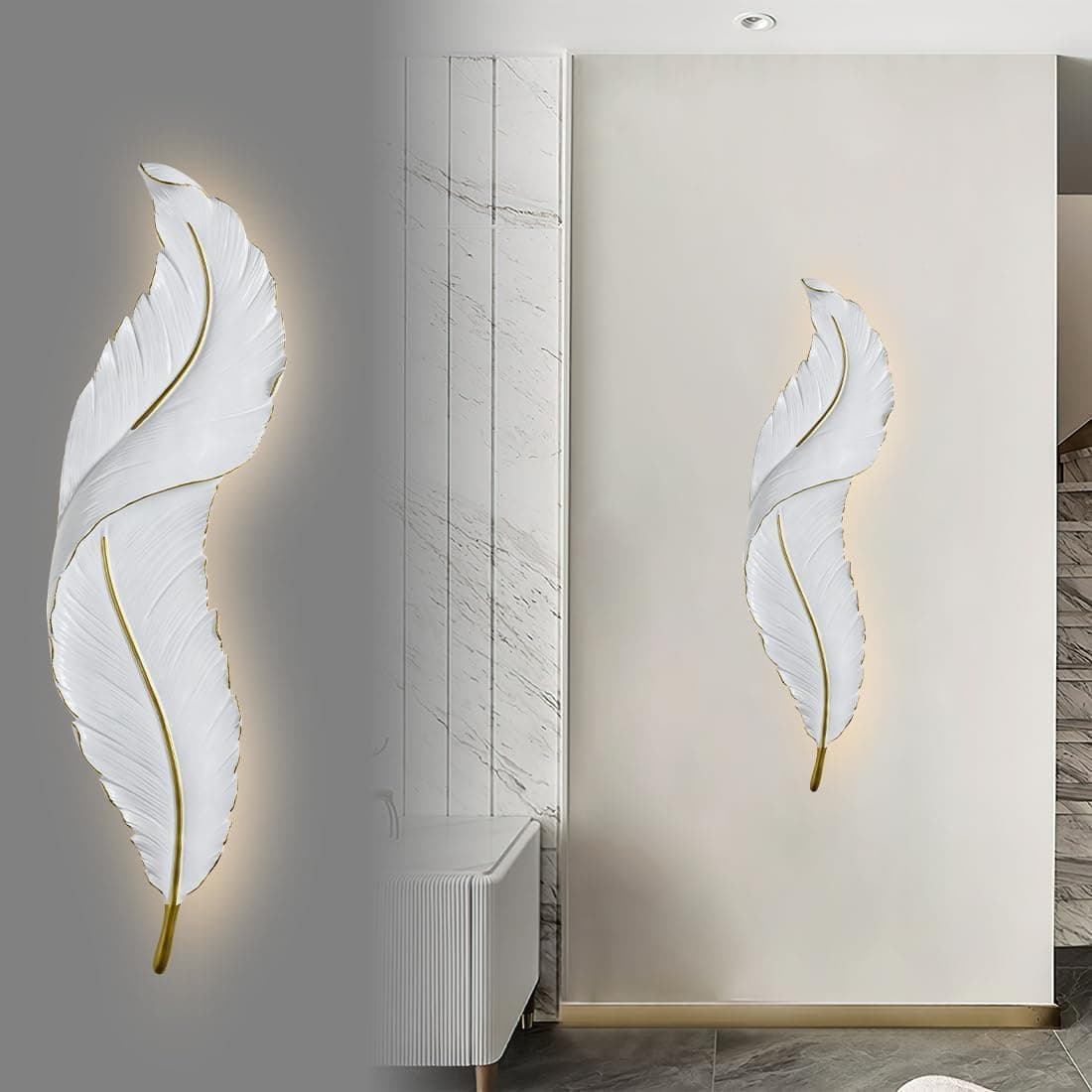 LED Wall Lighting White Feather Wall Sconce Lamp 3 Color Temperature & 3 Brightness Level Modern Resin Light Fixtures for Hallway Entryway Living Room (Large)