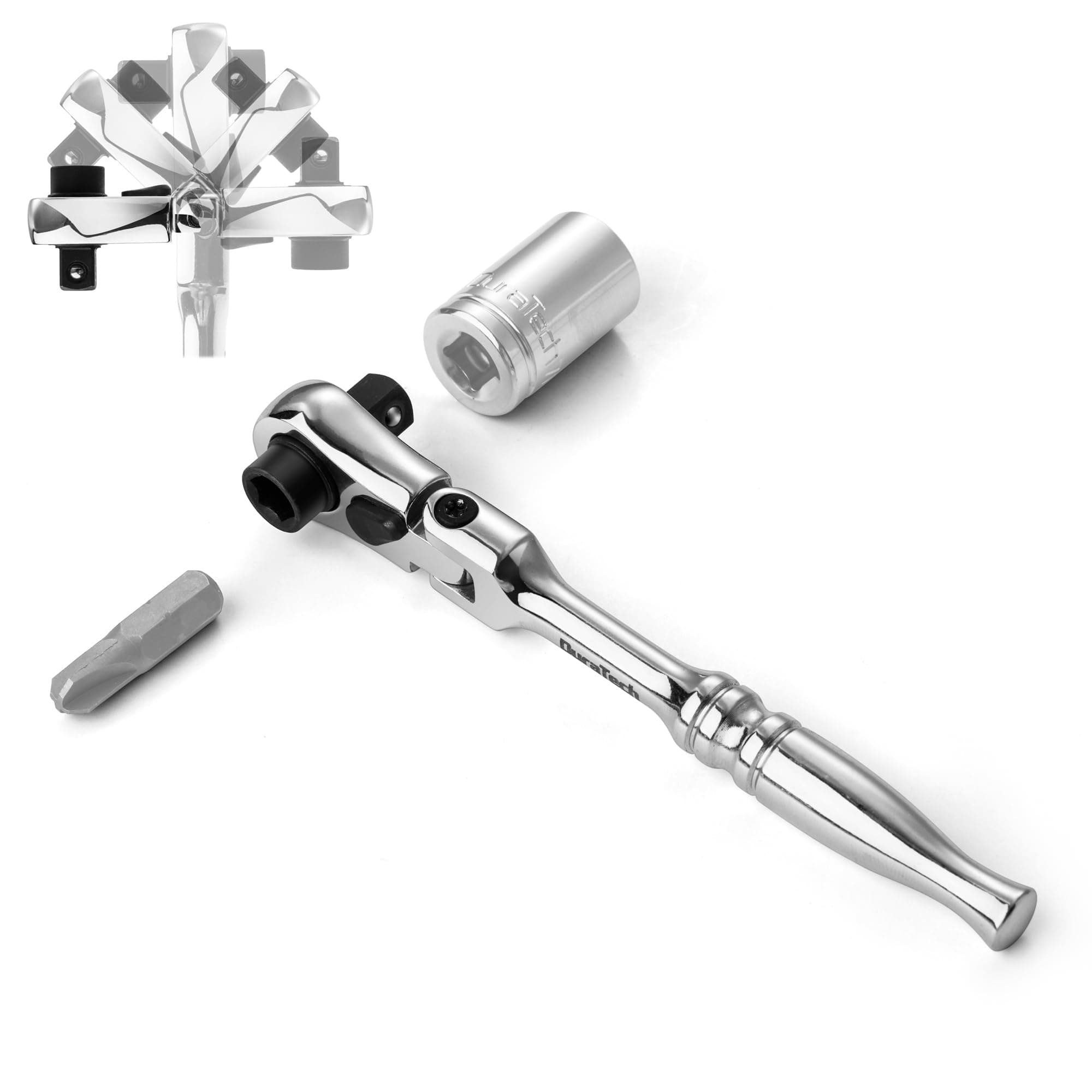 DURATECH 1/4" Drive Ratchet Handle, 2 in 1 Flex Head Ratchet, Socket&Bit Driver, 72-Tooth, Reversible Switch, Full-Polished Chrome Plating, Alloy Steel