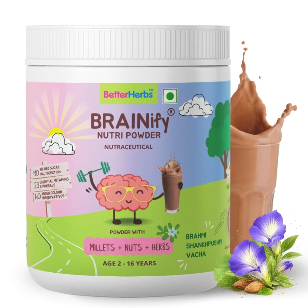 BRAINIFY by BetterHerbs Nutrition Drink Powder Chocolate - 350g | 2-16 Years | No Refined Sugar | 7 Herbs + Millets + Nuts | 23 Essential Nutrients | Supports Brain Development