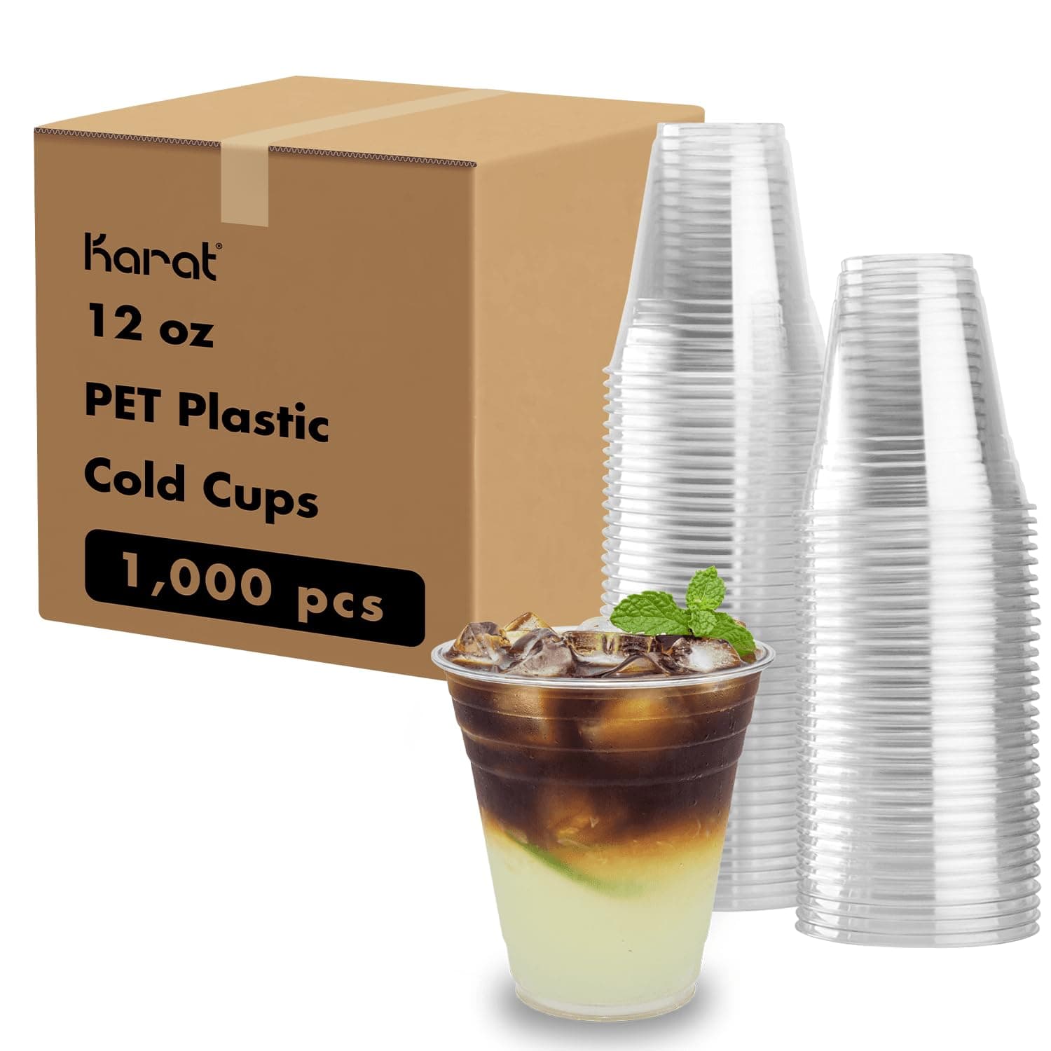 Karat [1,000 ct] 12oz Plastic Cups, Clear Disposable Cold Cups for Iced Coffee, Smoothies, Cocktail, and Water, 98mm