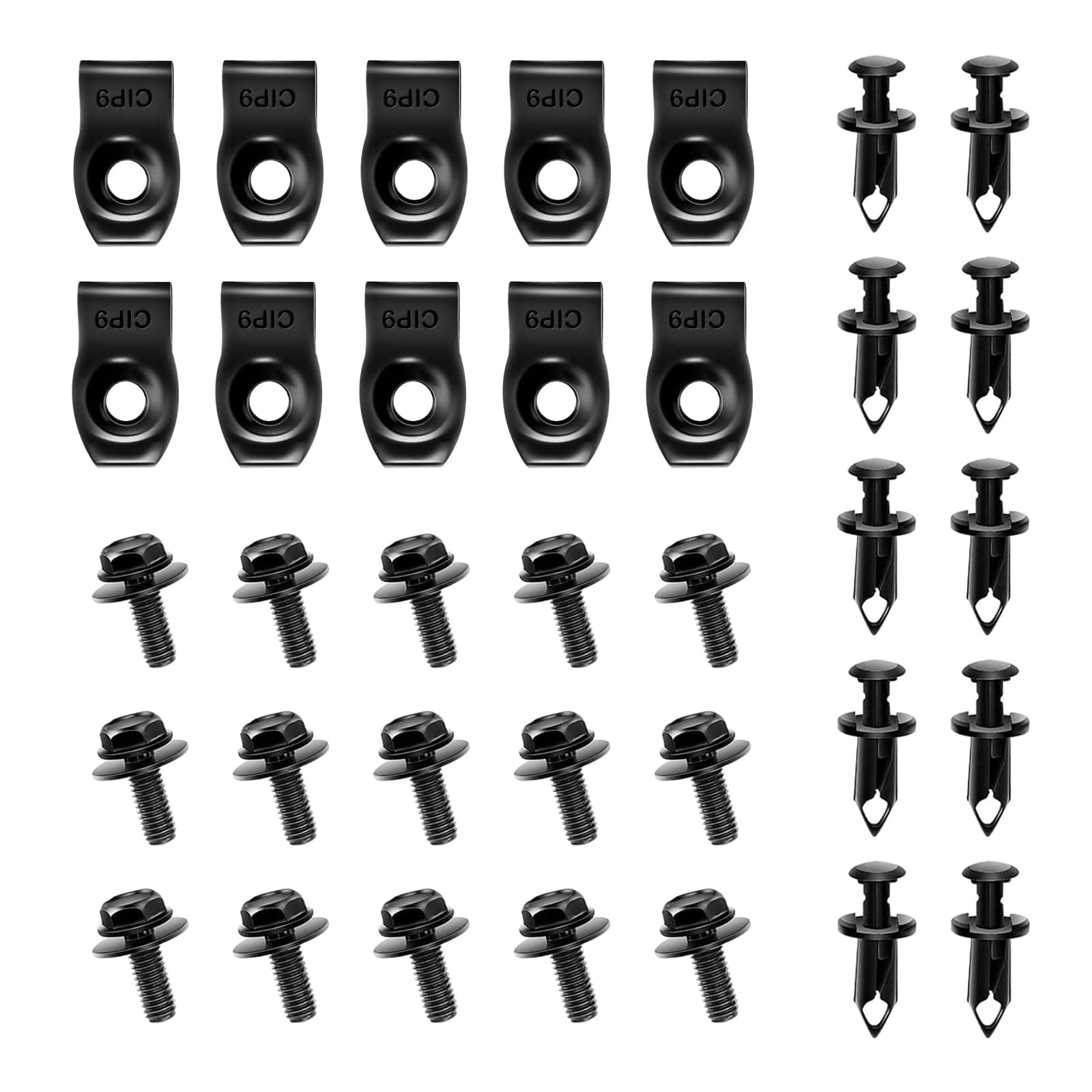 cueclue Pack-35 Engine Under Cover Splash Shield Body Bolts Screws, Bumper Fender Liner Push Retainer Fastener, Extruded U-Nuts Rivet Clips Kit (Black)