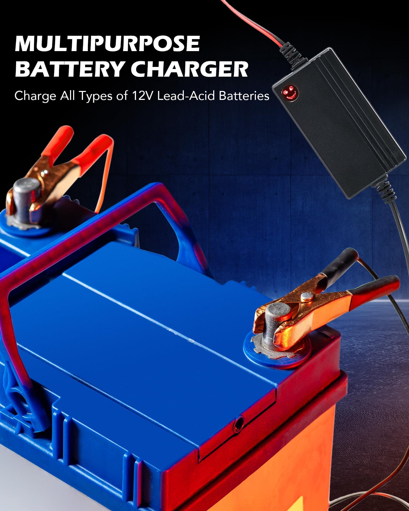 OMT 12V 2Pc Battery Charger and Maintainer, Multipurpose Set for Charging Boats Motorcycles ATVs Riding Mowers & Car Truck SUV RV Maintenance w Smart 3 Stage Charging & Power Indicator