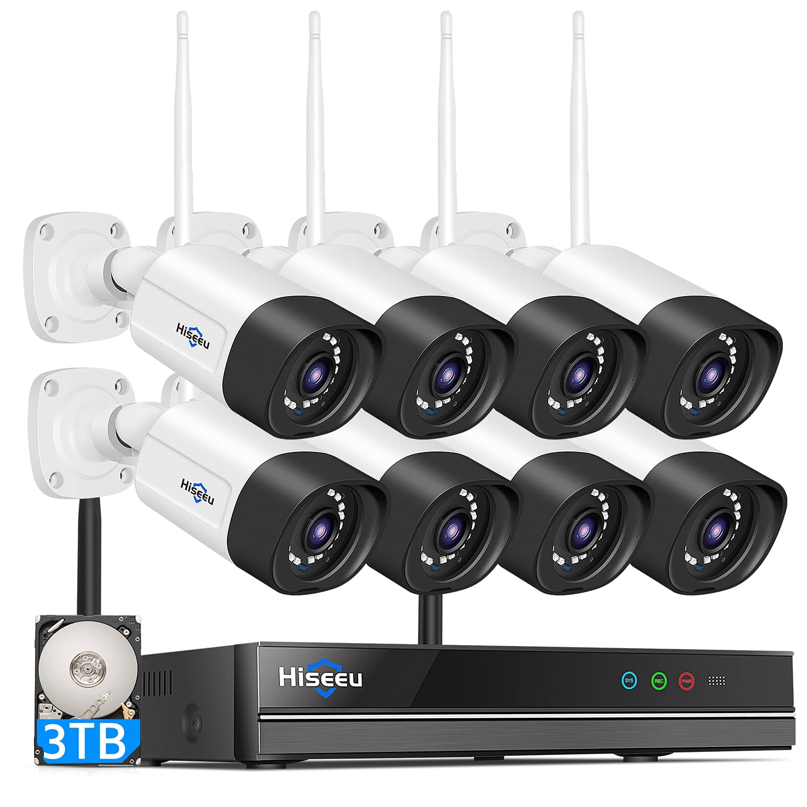 Wireless Security Camera System Outdoor, 3MP WiFi Camera for Home, 16CH WiFi-Pro 8 Cam-Kit, 2-Way Audio, Color Night Vision, IP66 Waterproof, 3TB Storage, 24/7 Recording, No Monthly Fees