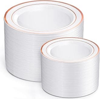 I00000 200 Pcs Rose Gold Plastic Plates, Disposable Party Plates Include 100 Gold Dinner Plate 10’’ and 100 Disposable Dessert Plate 7’’ Perfect for Party, Wedding & Birthday