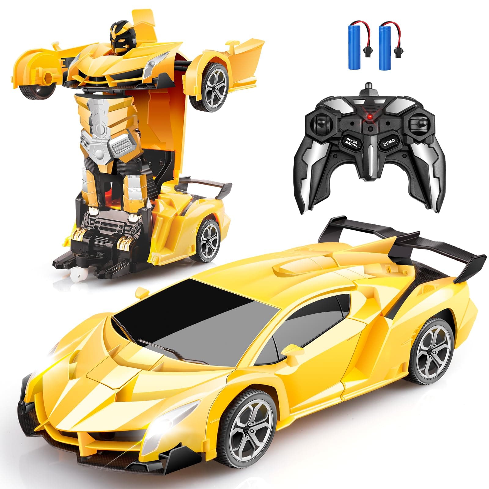 Transform RC Car Toy - Remote Control Car with Flashing Lights, One-Button Deformation, 2.4GHz & 360° Rotation, Gift for Kids Boys Girls Ages 4-12 - Yellow