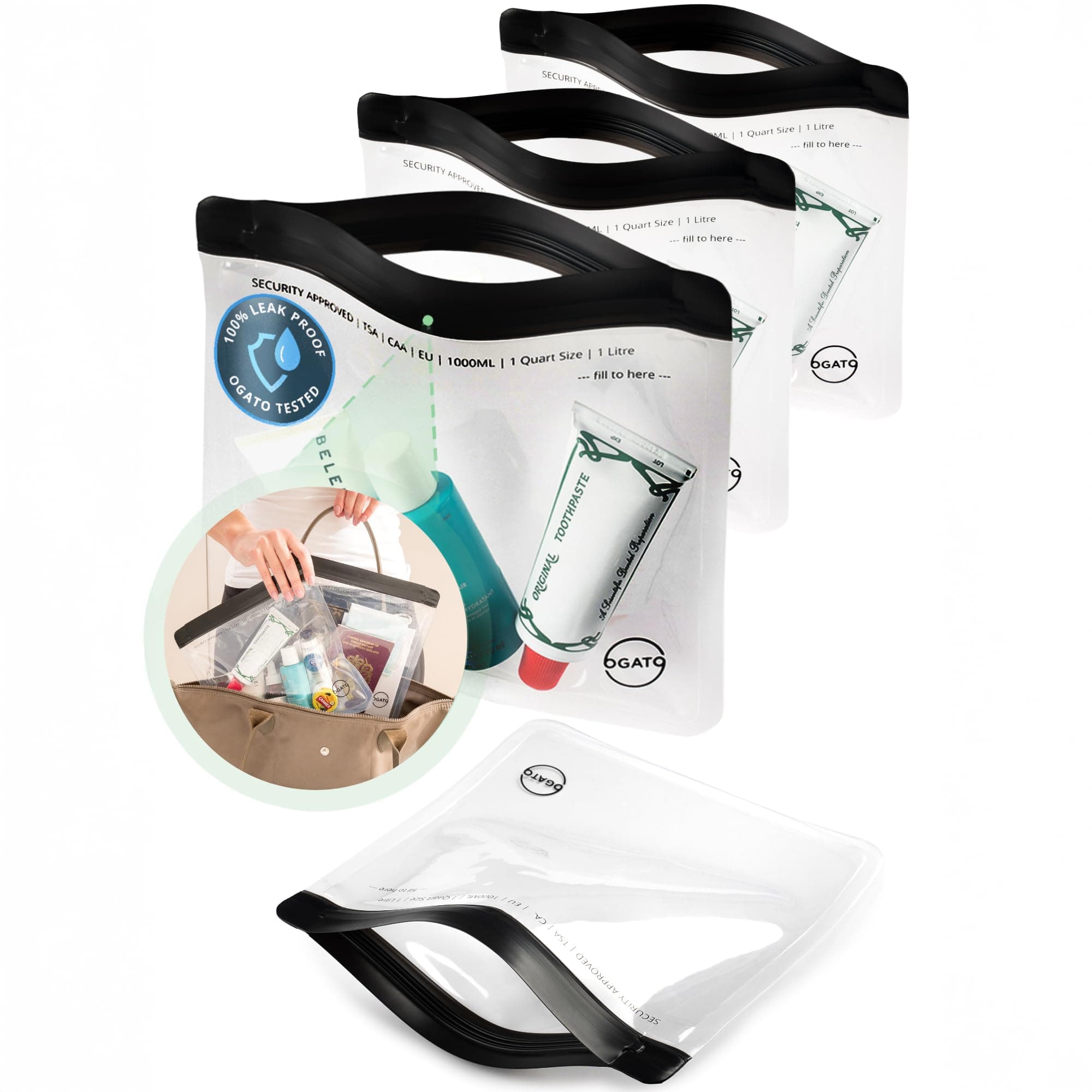 3pcs - TSA Approved Toiletry Bag - Our Quart Size Clear Toiletry Bags are Security Approved Worldwide for Liquids & Cosmetics - Ogato, Clear, Air Tight