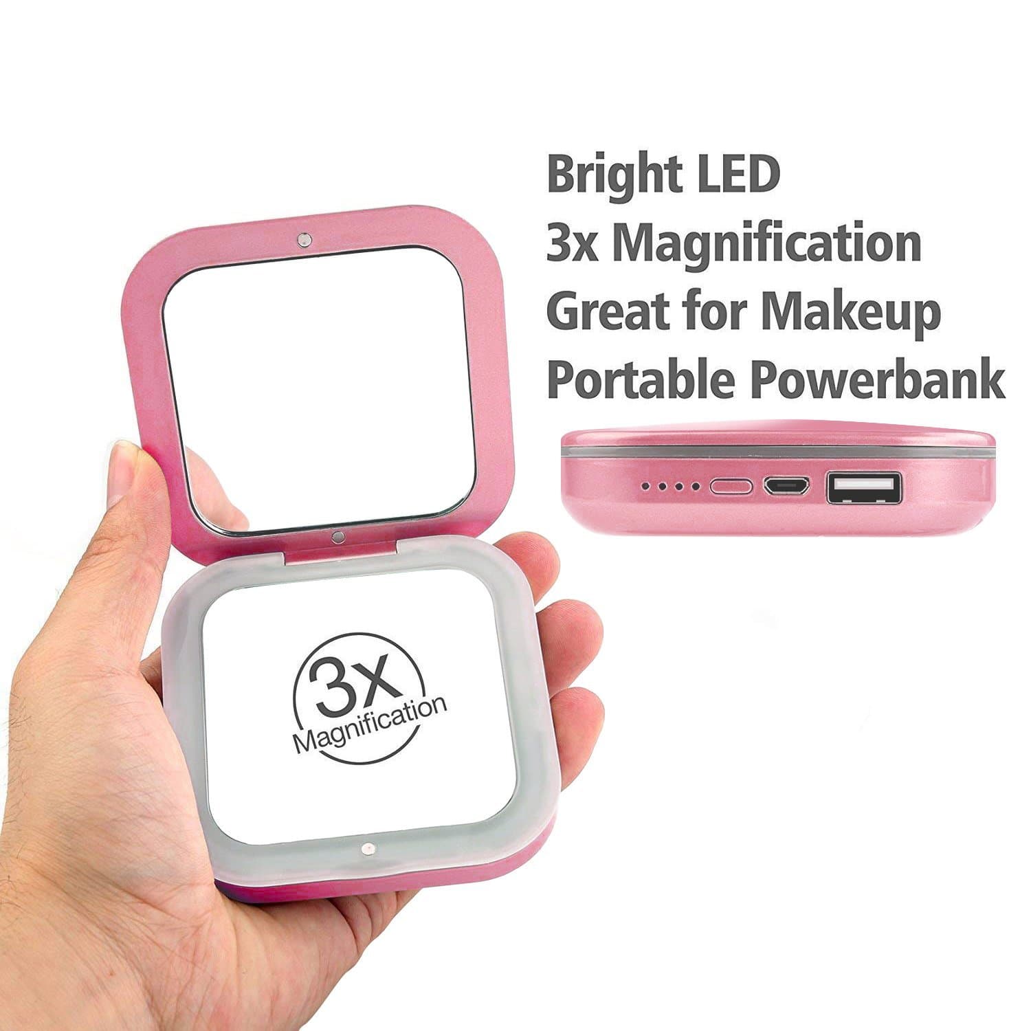 Compact Mirrors Power Bank 3X Magnifying Built-in LED Light Travel Face Beauty Makeup Slim USB Charger External 4000mAh Battery Purses Handbag Mini for Ladies Girls Auto Off VIIKING Pink