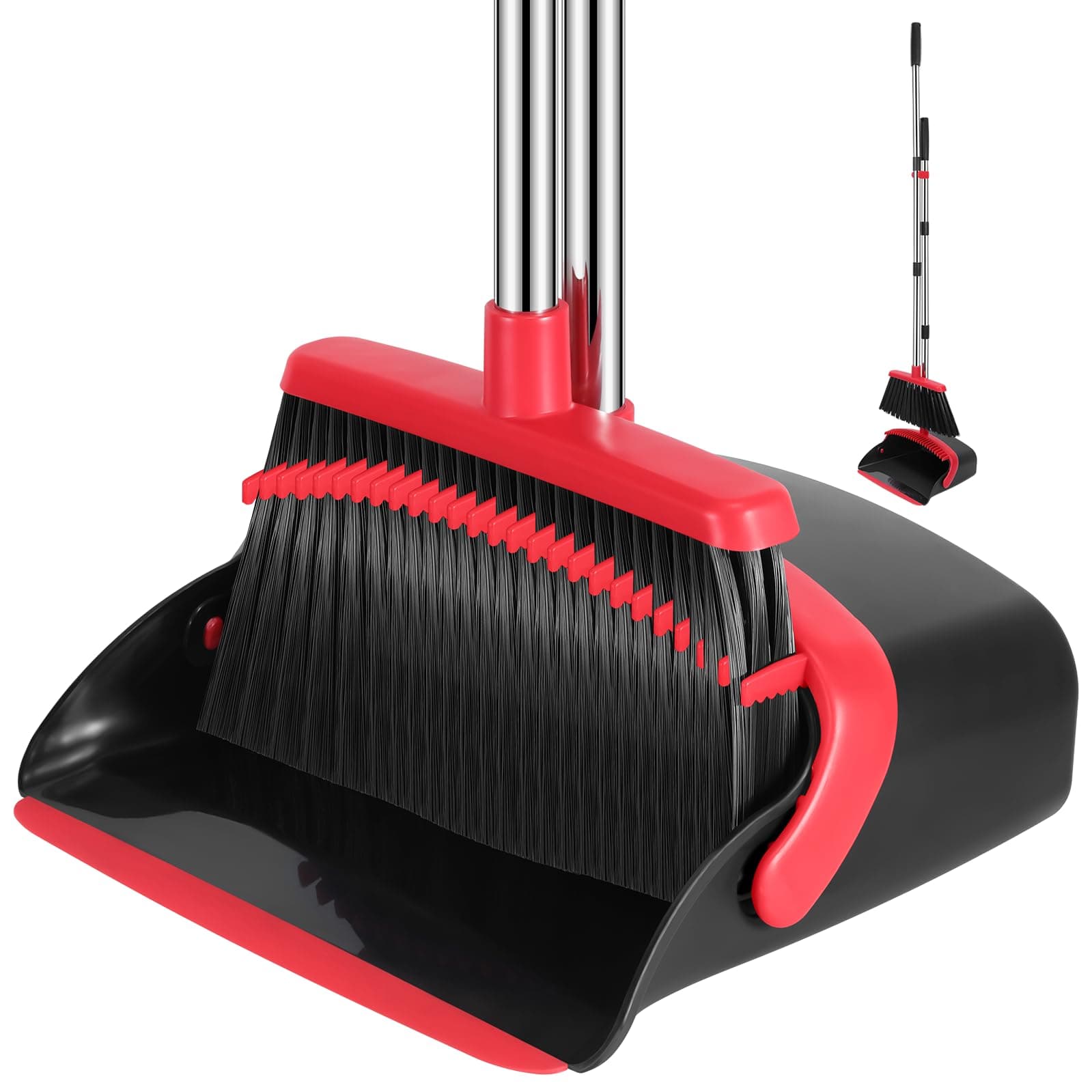 NACENA Broom and Dustpan Set, 52-in Long Adjustable Handle Broom Dustpan Combo with Dustpan Teeth to Automatically Clean Hair Suitable for Home Kitchen Office Hall Floor（Black&Red）