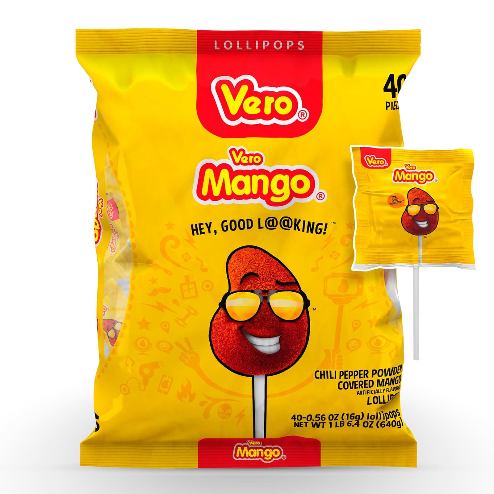 Vero Mango, Chili Covered Mango Flavored Lollipops, 40 Pieces