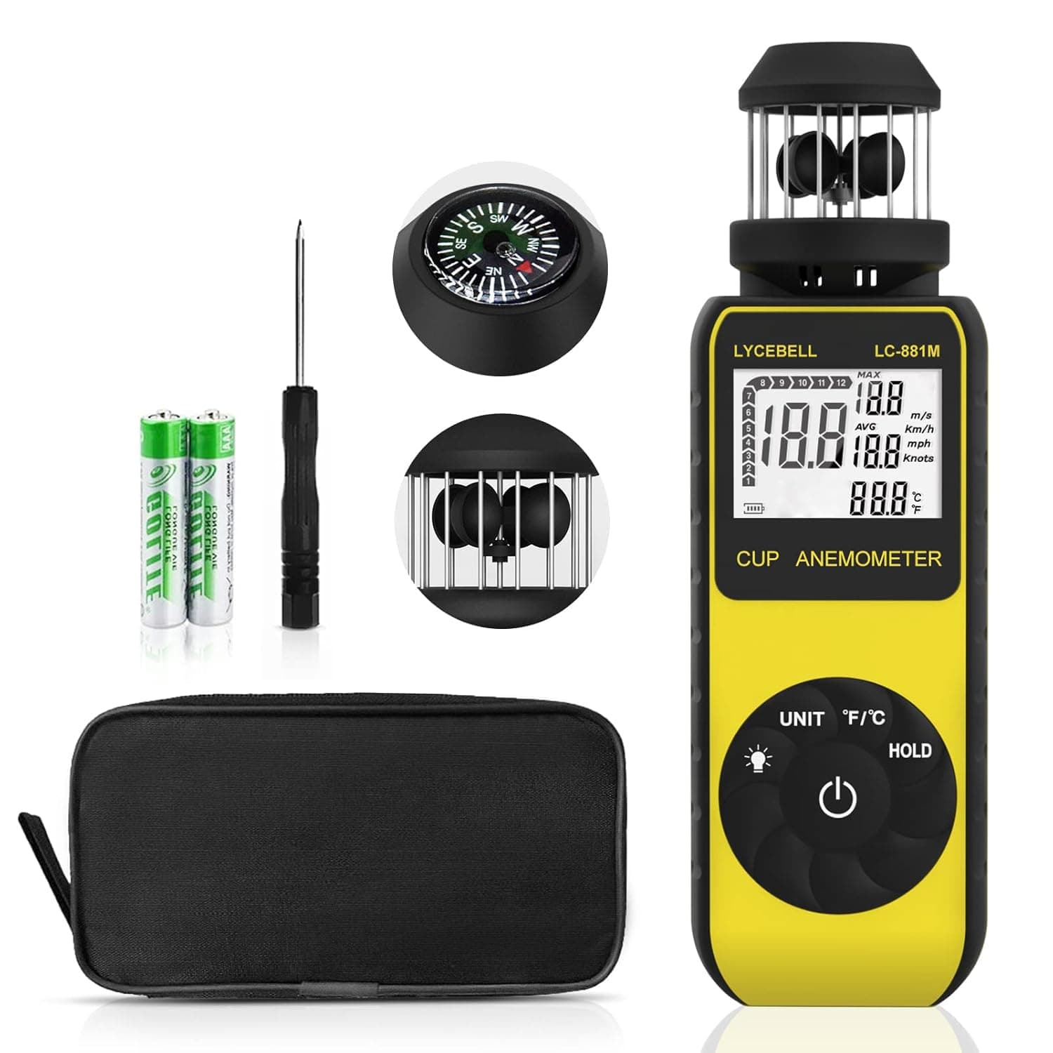 Anemometer Handheld LC-881M, Portable Wind Speed Meter, Air Flow/Wind Speed/Temperature Measure Device with Compass, 360° Direction Wind Cup Anemometer for HVAC Vents, Sailing, Golf, Hiking
