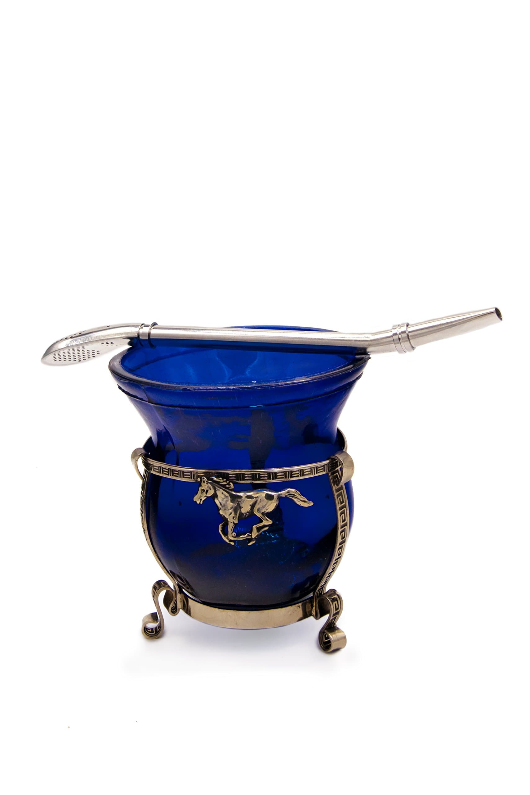 Hand-made glass yerba mate cup with spoon-end filter alpaca straw and detailed artisan metalwork (Blue)