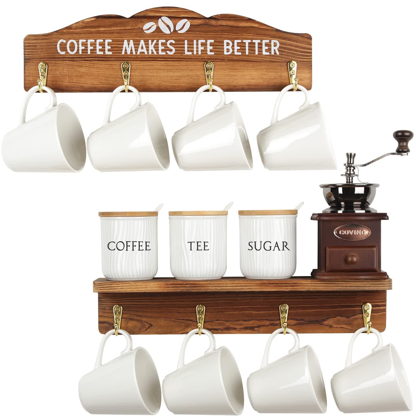 J JACKCUBE DESIGN Coffee Mug Rack, Wall Mounted Wooden 12 Cup Holder Organizer with Sign for Home Kitchen Cafe Decor - MK737A