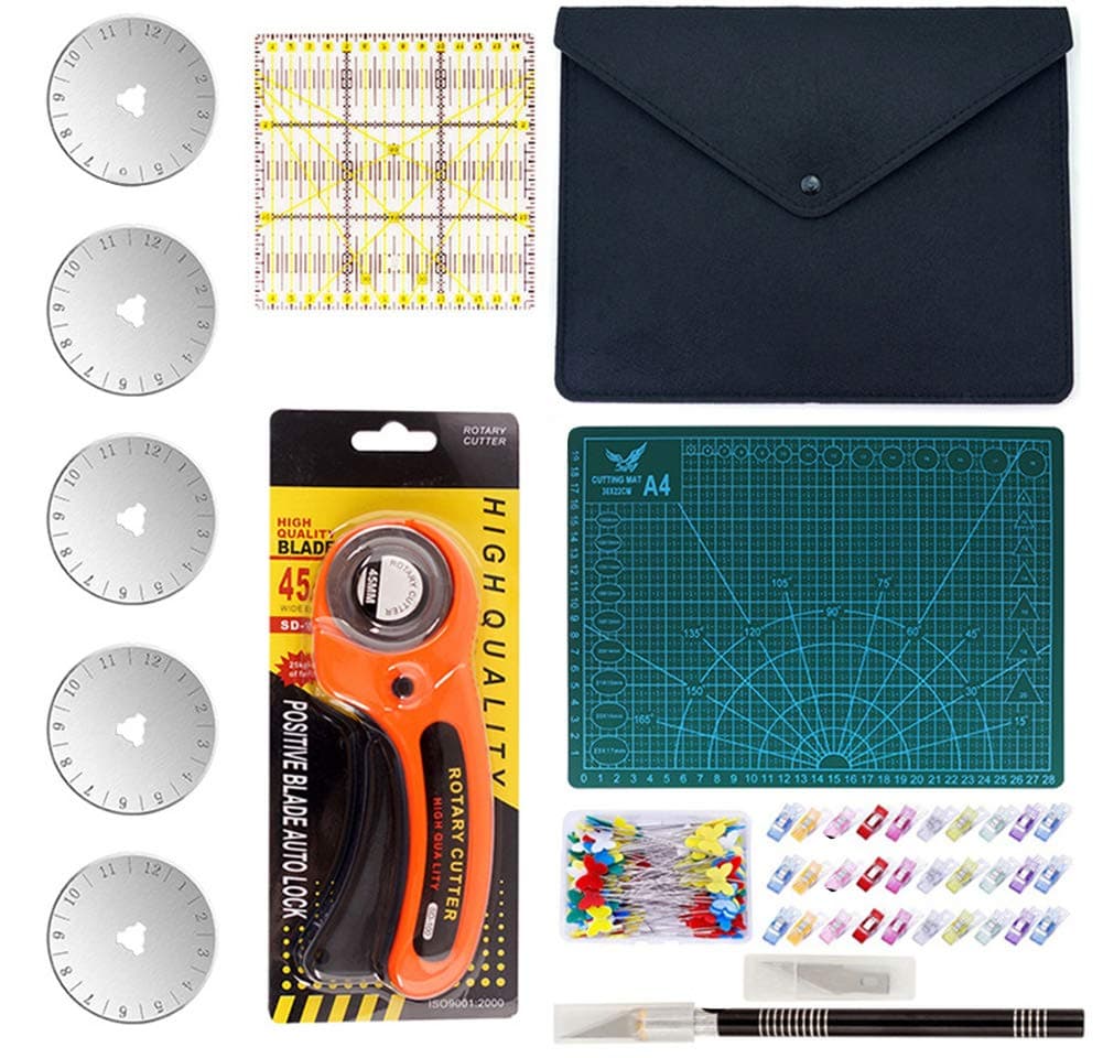 90 PCS Rotary Cutter Kit, 45mm Rotary Cutter Tool Kit with 5 Extra Blades, A4 Cutting Mat, Patchwork Ruler, Carving Knife, Storage Bag Ideal Craft Supplies Set for Fabric Sewing and Quilting