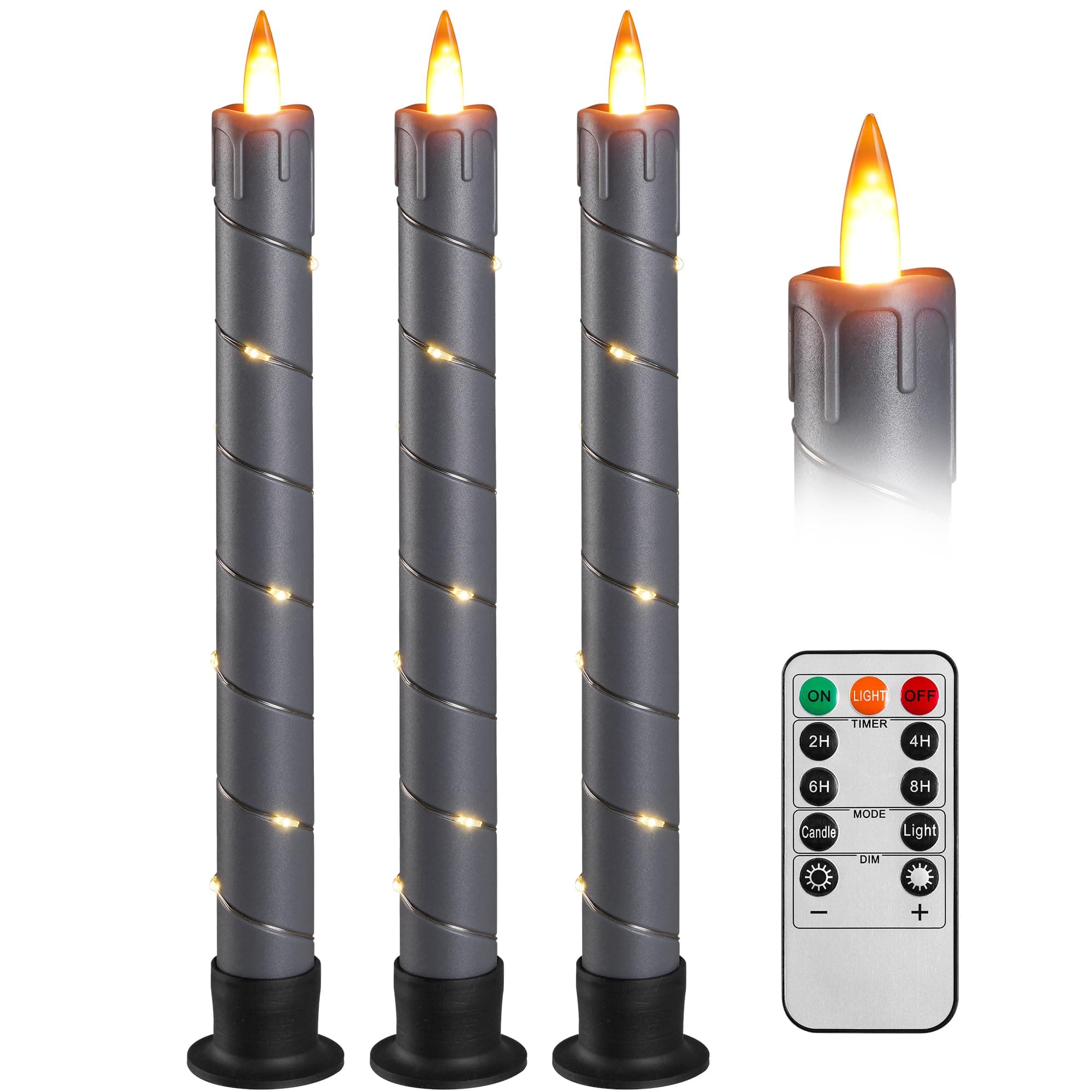 Da by 3 Pcs Flickering Flameless Battery Operated Taper Candle-Window Candles with Remote and Time-LED 3D Dynamic Flame-9.6 Inches for Wedding, Party,Home Decoration-Grey