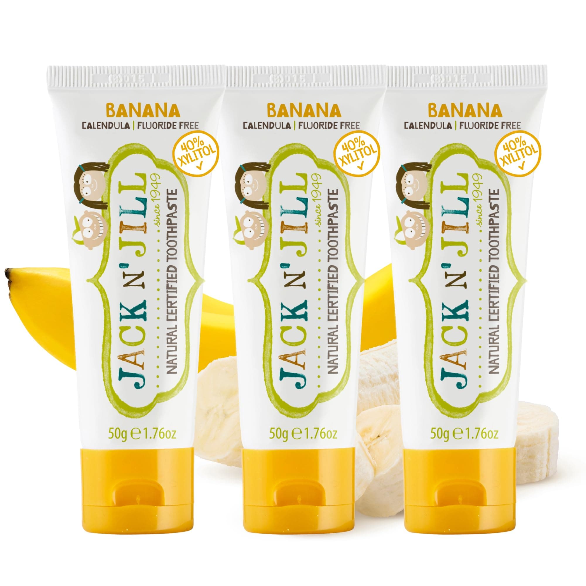 Jack N' Jill Kids Natural Toothpaste, Fluoride Free Toothpaste, Helps Soothe Gums and Fight Tooth Decay, Toothpaste for Baby, Toddler and Children 6 Months Plus Banana Flavour 3 x 50g