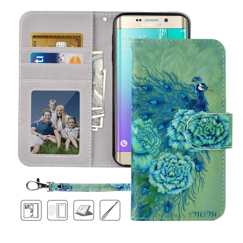 MagicSky Galaxy S6 Wallet Case, Galaxy S6 Case, Premium PU Leather Flip Folio Case Cover with Wrist Strap,Card Holder, Cash Pocket, Kickstand for Samsung Galaxy S6 (Green Peacock)