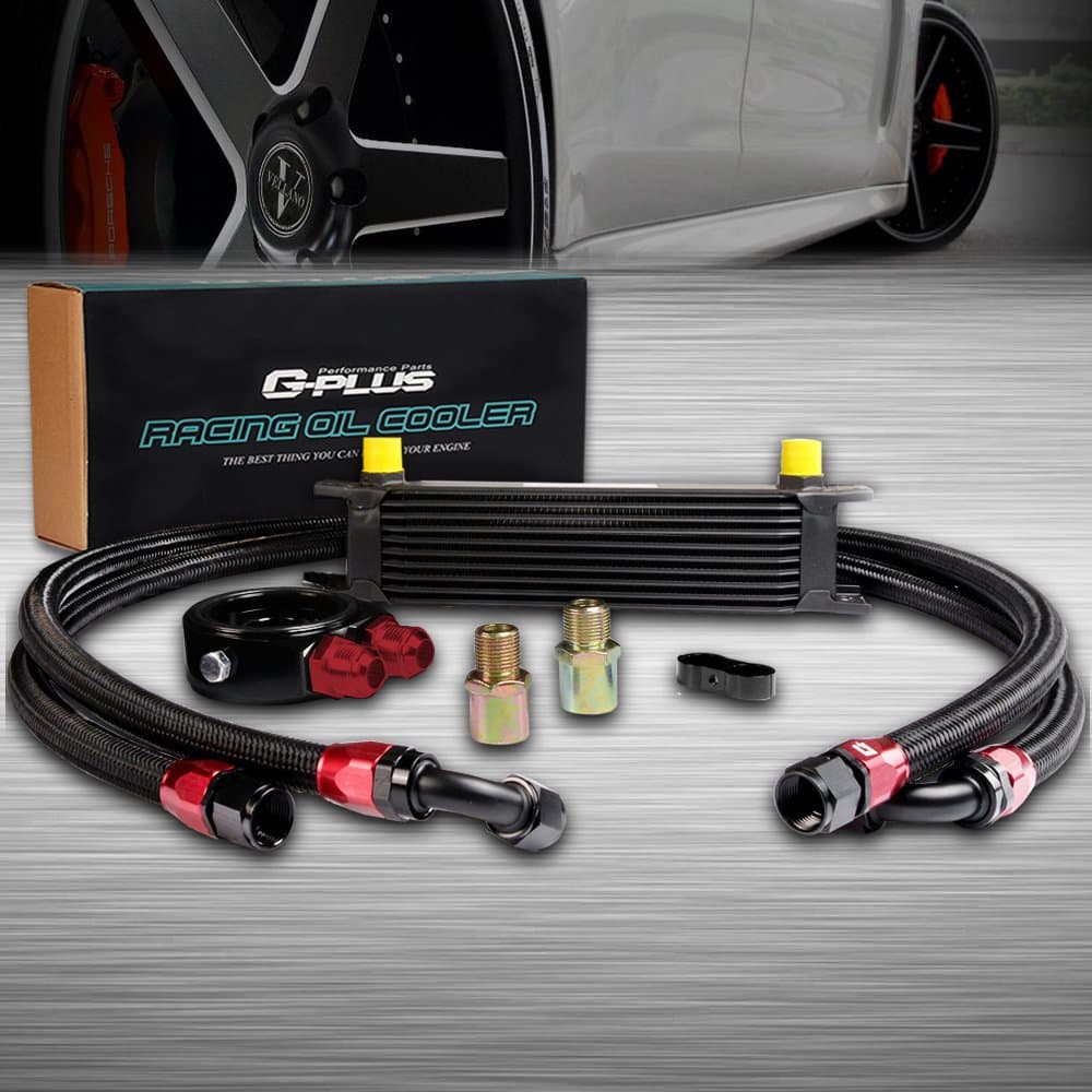G-PLUS 10 Row 10AN Universal Aluminum Engine Transmis​sion Oil Cooler Kit + Oil Filter Adaptor Kit Black