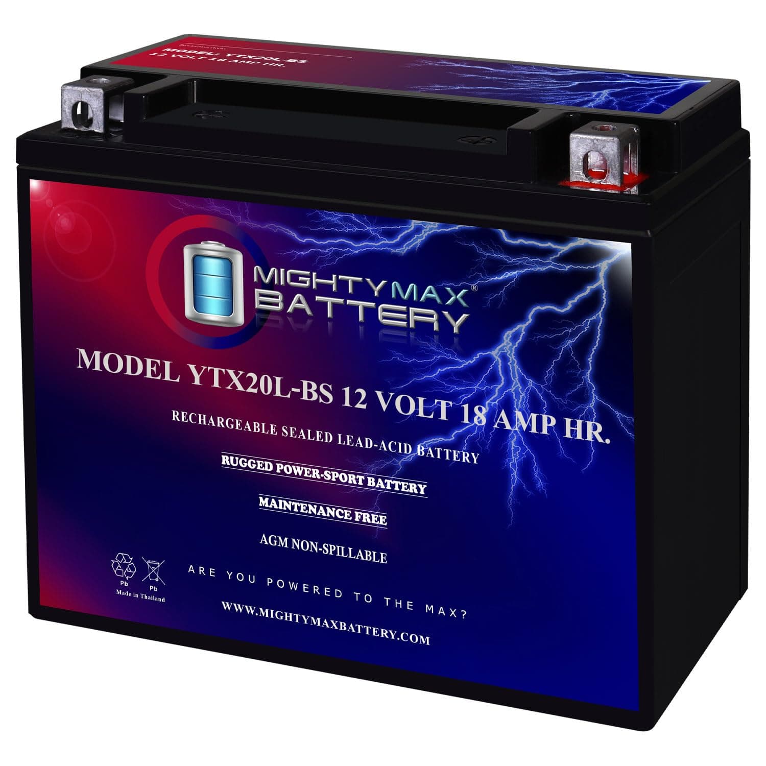 Mighty Max Battery YTX20L-BS - 12 Volt 18 AH, 270 CCA, Rechargeable Maintenance Free SLA AGM Motorcycle Battery
