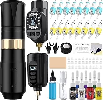 Tattoo Gun Kit Wireless Tattoo Machine Pen Kit with 2 Batteries 16 Cartridge Needles 7 Ink Colors for Complete Rotary Tattoo Supply HW-TK1005-1