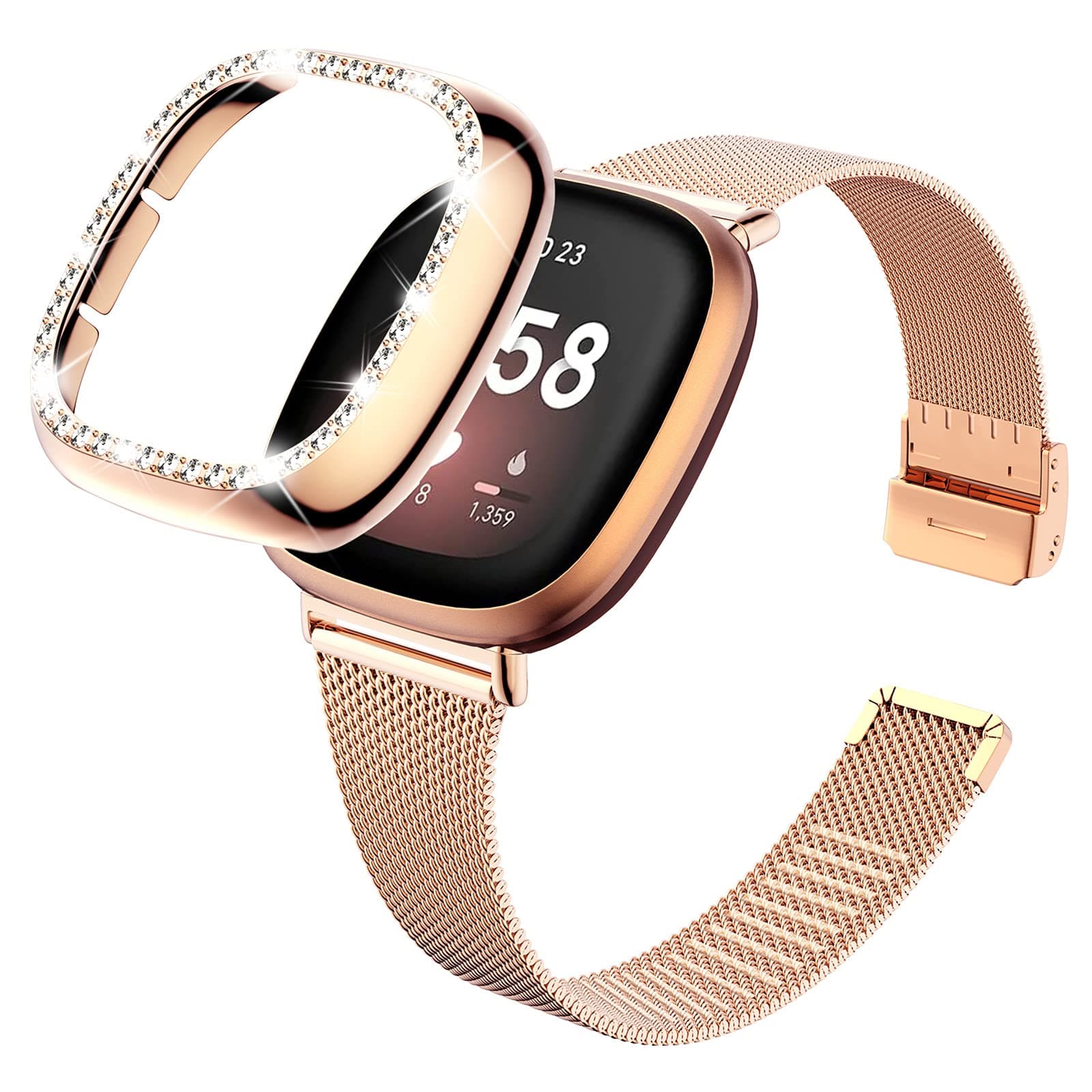 XYF Compatible for Fitbit Sense/ Fitbit Versa 3 Band with Bling Bumper,Women Stainless Steel Metal Mesh Loop Strap Replacement Band with Shiny Case Cover for Fitbit Versa3 / Fitbit Sense