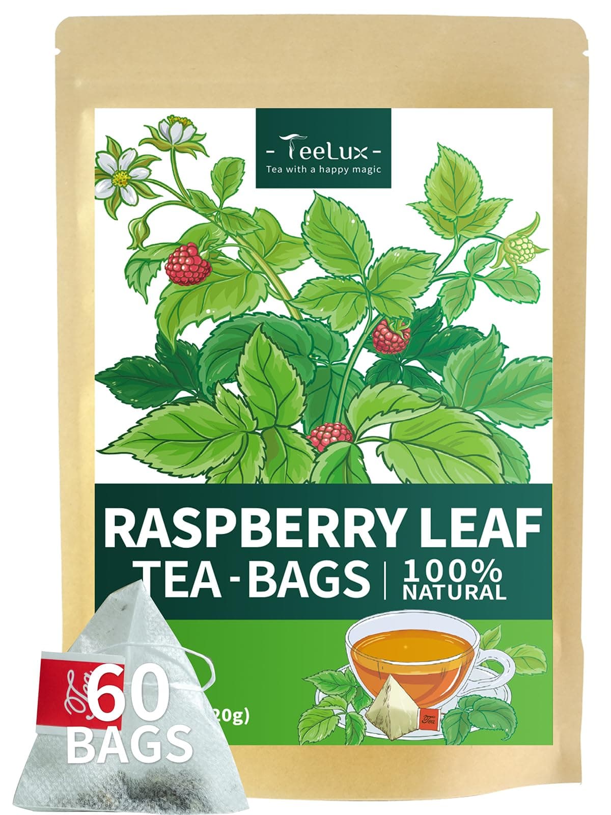 TeeLux Raspberry Leaf Tea Bags, 2g/bag, Natural Red Raspberry Leaf Herbal Tea, Mild & Smooth Taste, Caffeine Free, 60 Count