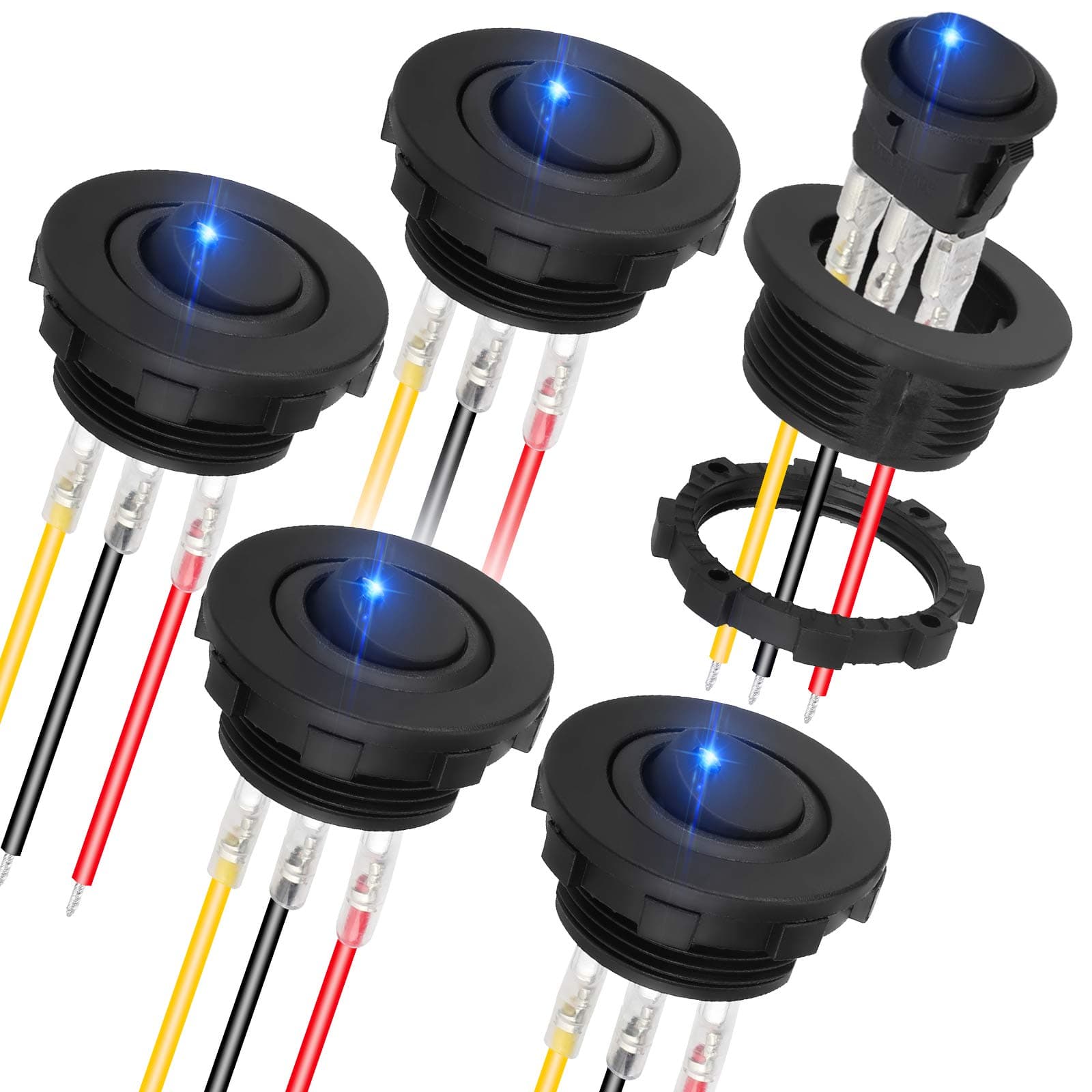 Linkstyle 5PCS Round Rocker Toggle Switch, 12V 20A LED Rocker Switch, SPST 3 Pin ON/Off Waterproof Toggle Switch for Car