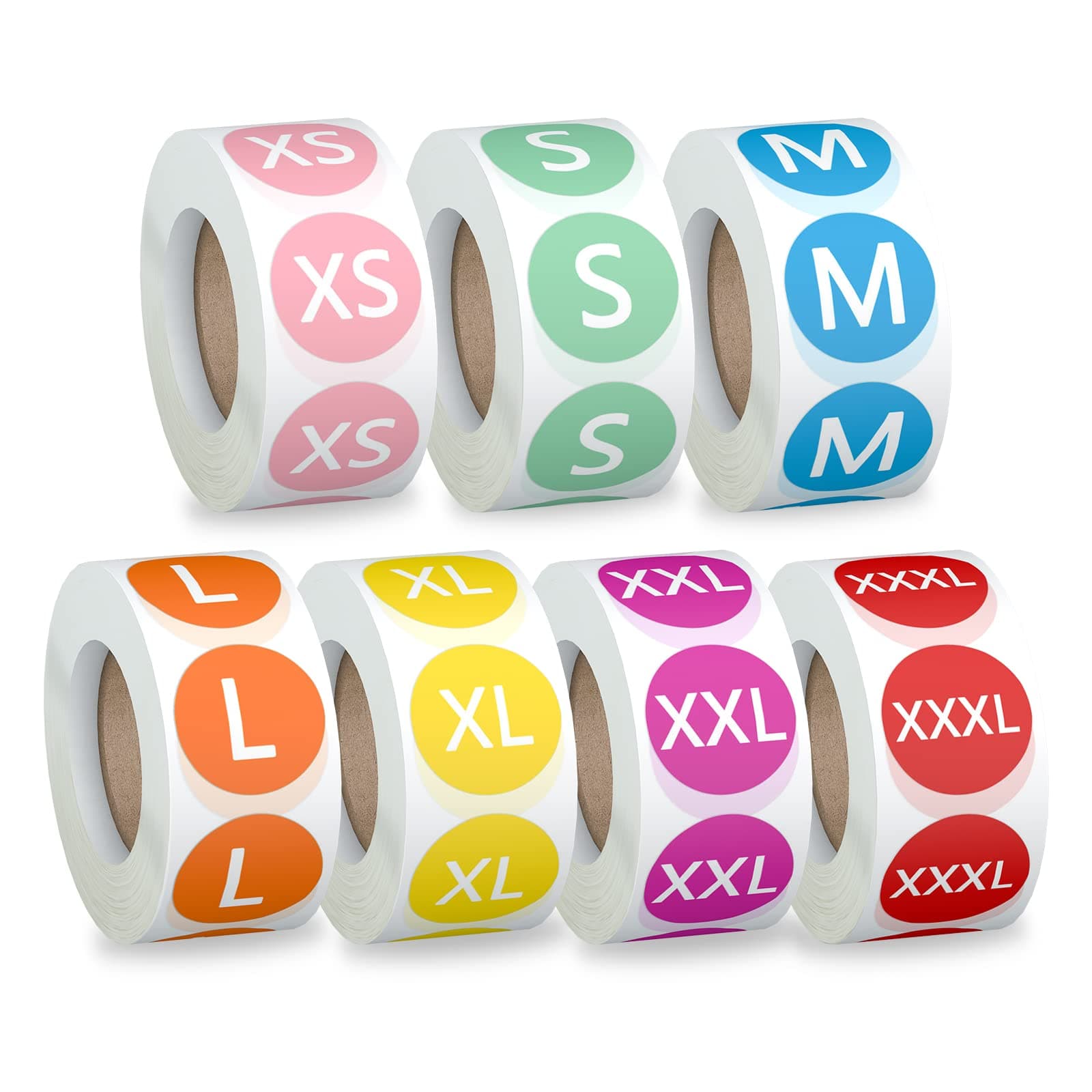 Misofuki 3500 Pcs 7 Rolls 7 Sizes 7/8 Inch Clothing Size Stickers, Colorful Coded Round Self Adhesive Apparel Size Labels for Clothing T Shirts Trousers Skirt Retail (XS,S,M,L,XL, XXL,XXXL)