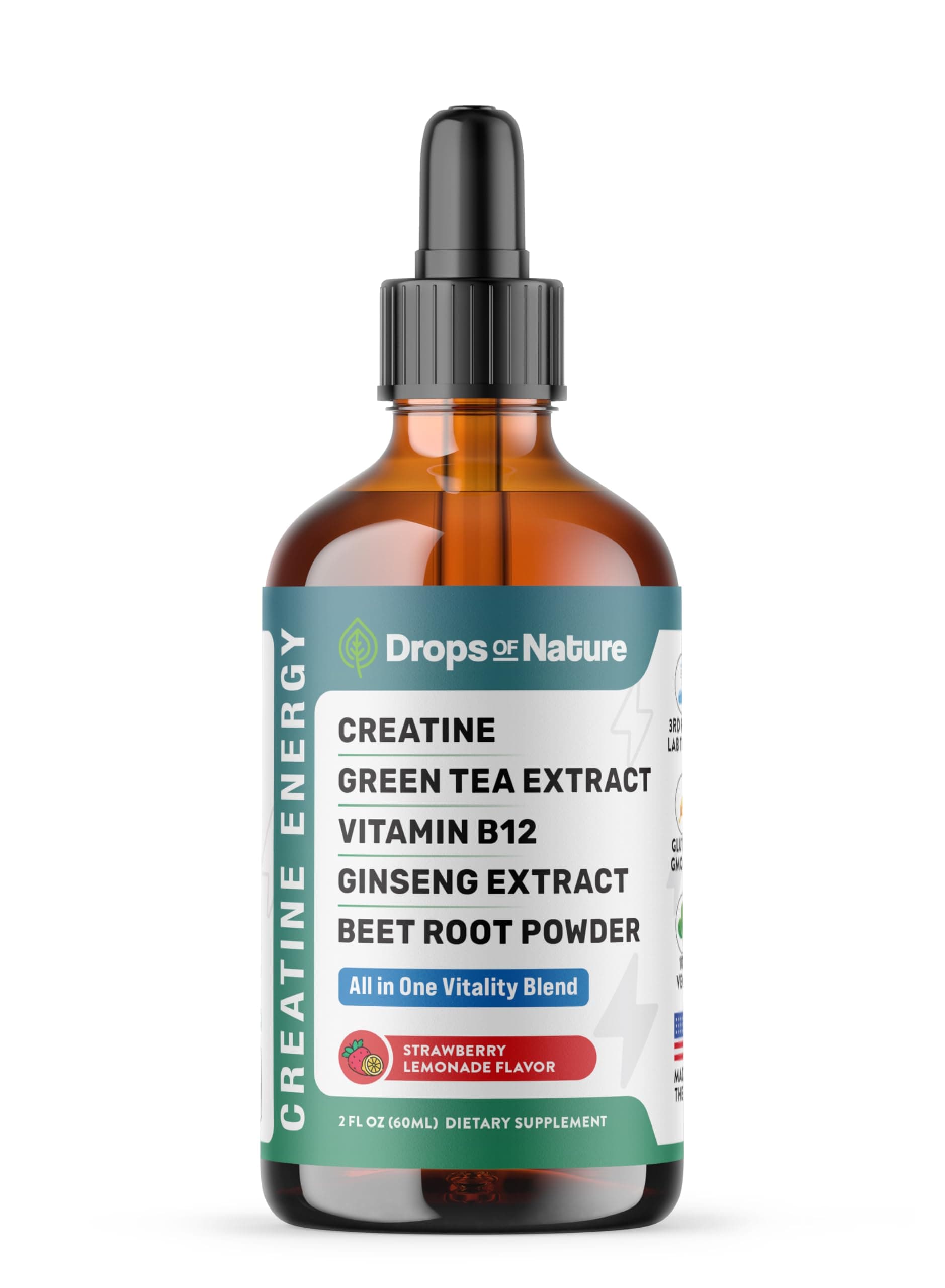 Creatine Monohydrate and Vitamin B12 Drops - With Beet Root Powder, Organic Green Tea & Ginseng - Vegan, Faster Absorption than Creatine Gummies - Energy & Vitality Support (Strawberry Lemonade, 60mL)