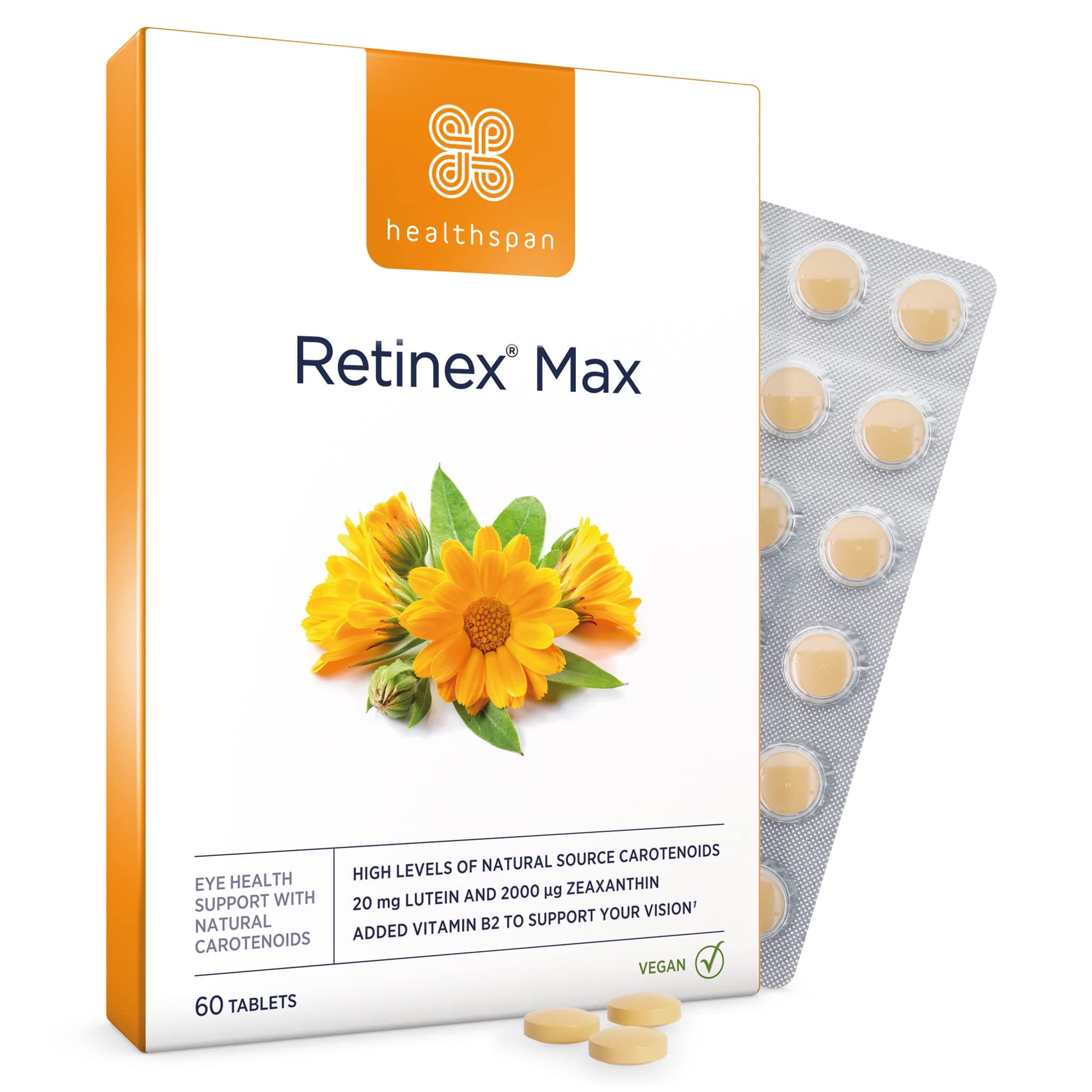 Retinex Max Eye Support (60 Tablets) | Long Term Vision & Eye Health | 20mg Lutein & 2,000ug Zeaxanthin | Vitamin B2 Contributes to Normal Vision | Natural Source Carotenoids | Vegan
