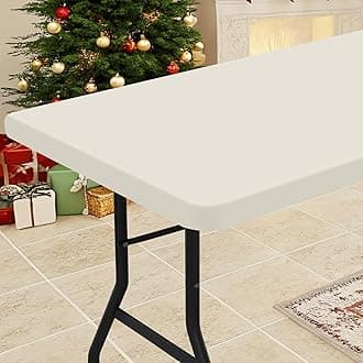 Smiry Rectangle Tablecloth, Elastic Fitted Flannel Backed Vinyl Tablecloths for 8ft Folding Tables, Waterproof Wipeable Table Covers for Indoor, Outdoor, Picnic and Camping (Beige, 30"x96")