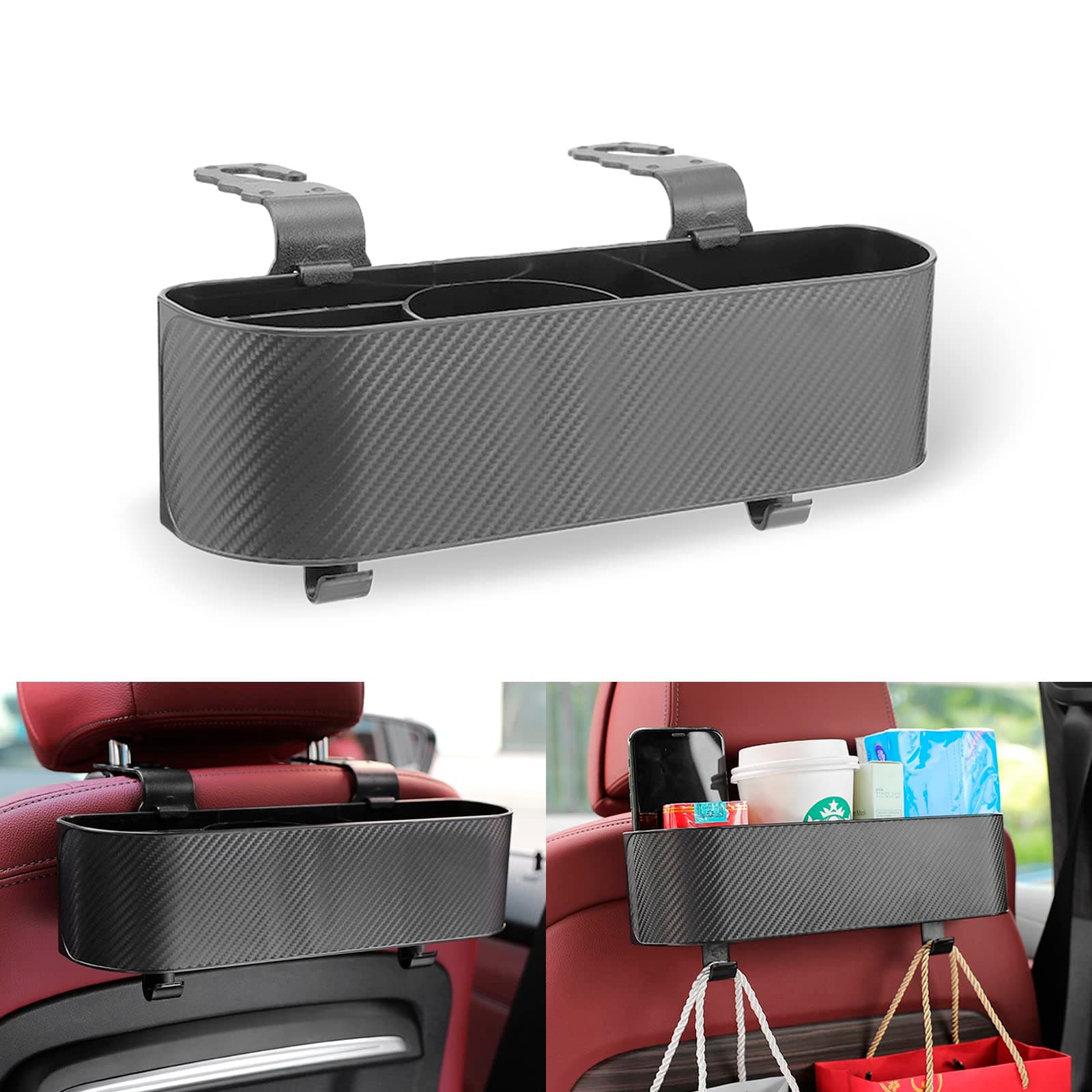 Pack-1 Hanging Seat Organizer, 11.6" x 3.1" x 3" Multifunctional Waterproof Storage Shelf with Hooks, Large Capacity Carbon Fiber Storage Box for Most Cars SUVs and Trucks (Black)