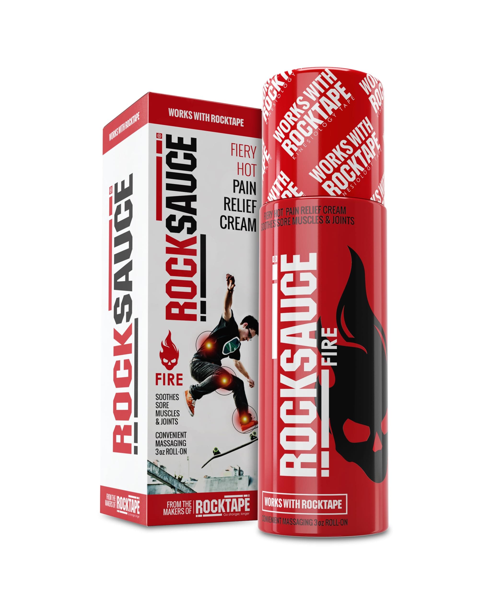 RockSauce Fire, 3 oz Roll-On - Easy to use Pain Relief Cream - Capsaicin & Menthol Formula Relieves Muscle & Joint Pain - Works w/ RockTape - No-Mess Applicator - Dye-Free, Won't Stain Clothes