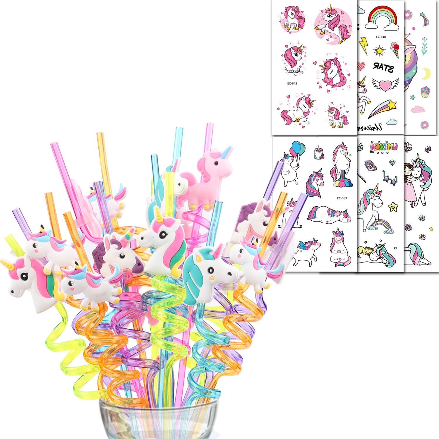 26 PCs Unicorn Straws Plastic Reusable Drinking Straws Temporary Tattoos for Unicorn Birthday Party Favours Gifts Supplies Rainbow Unicorn Party Bag Fillers