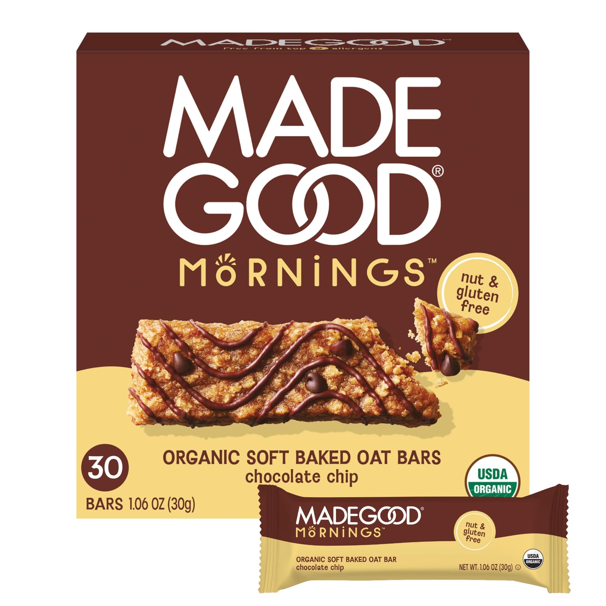 MadeGood Mornings Soft Baked Breakfast Bars, Chocolate Chip, 1.06 Oz (30 Count) Gluten Free Snacks